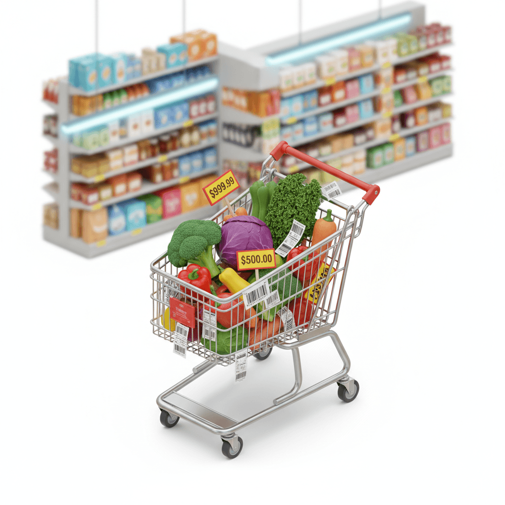 shopping cart with vegetables inside, price tags showing high numbers, barcode labels, grocery aisle shelves in the background, fluorescent supermarket lighting, realistic product texture