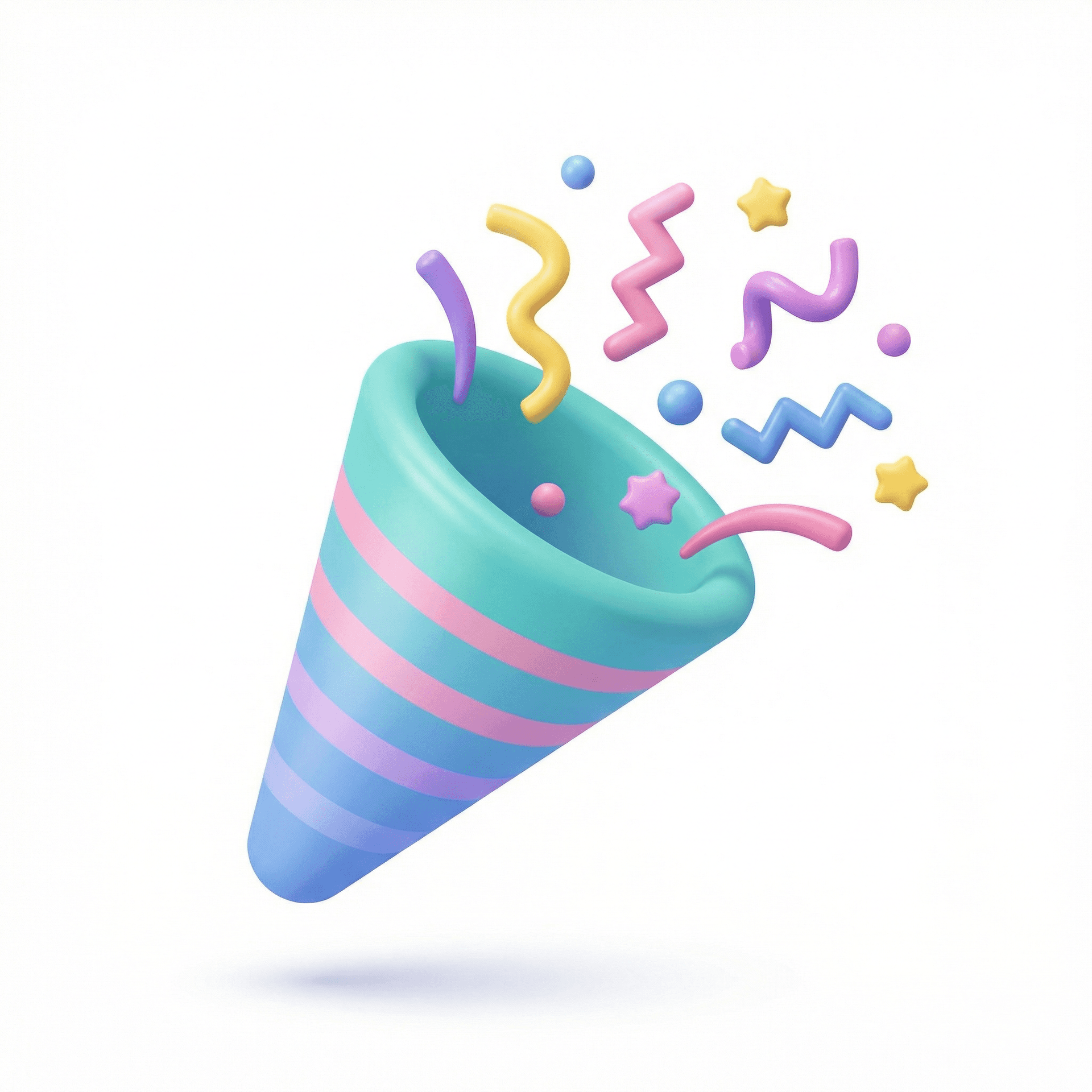 A clean, minimal 3D illustration of a pastel-colored party popper cone floating in mid-air. The cone has smooth rounded geometry with soft blue and teal gradients, wrapped with horizontal pastel pink and blue stripes. From the open top, colorful abstract confetti elements are bursting out, including curved ribbons, zigzag shapes, small spheres, and star-shaped pieces. The confetti uses a playful color palette of yellow, pink, purple, and blue, with a glossy, soft plastic-like material.  The style is modern 3D, cute and friendly, similar to app onboarding illustrations. Lighting is soft and evenly diffused, with subtle highlights and gentle shadows. The background is a solid light pastel blue, minimal and uncluttered. No text, no people, no realism — purely stylized 3D illustration with smooth surfaces, rounded edges, and a cheerful celebratory mood. High quality, high resolution, centered composition.