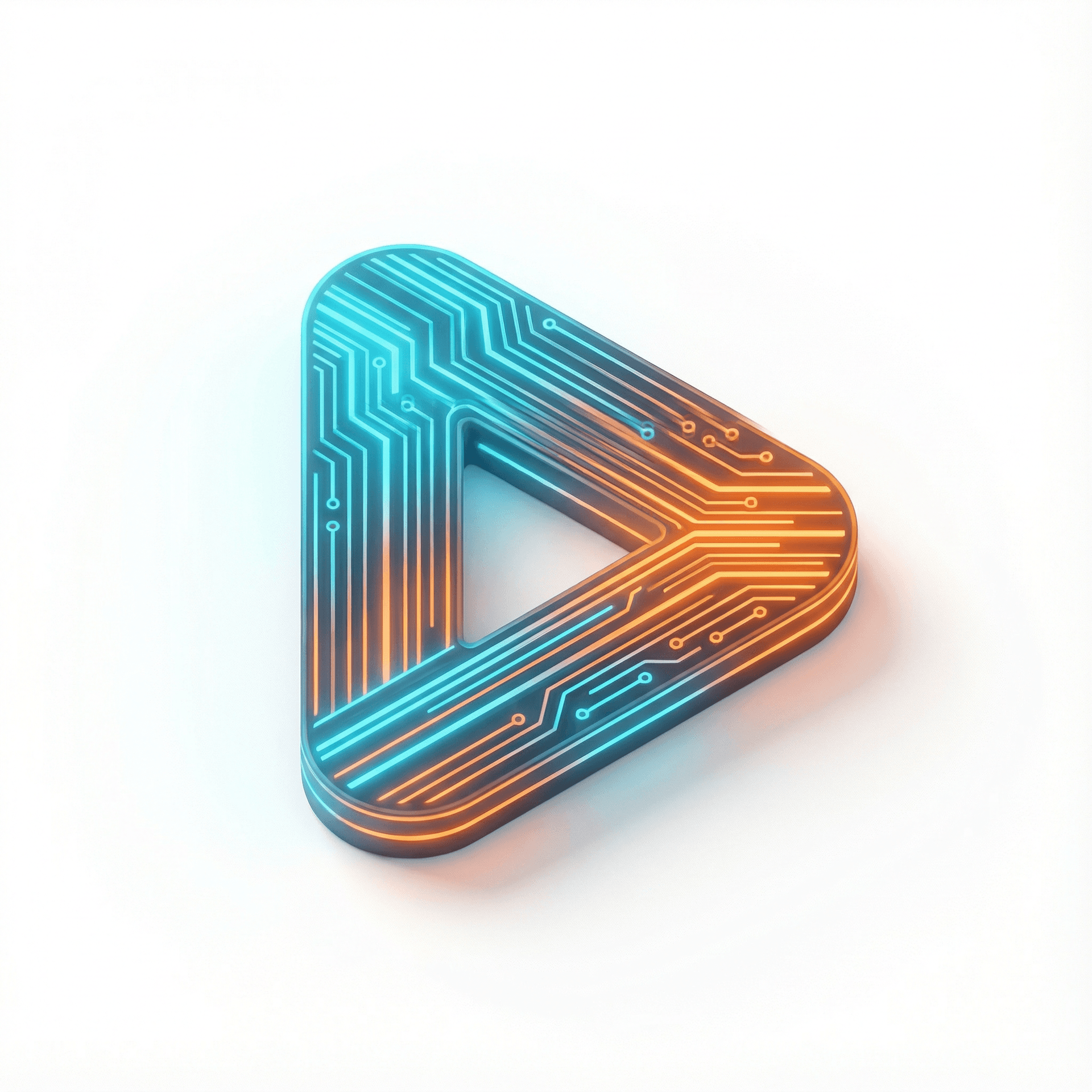 An abstract, futuristic logo symbol for a Shorts channel. A rounded triangle shape resembling a YouTube play button, pointing right. The triangle is constructed from glowing digital circuit board patterns and converging speed lines, making it look like a data rocket taking off. Colors: A gradient mix of electric cyan blue and vibrant orange. Dark background with subtle digital grid elements. Sleek, high-tech, minimalist emblem. --ar 1:1