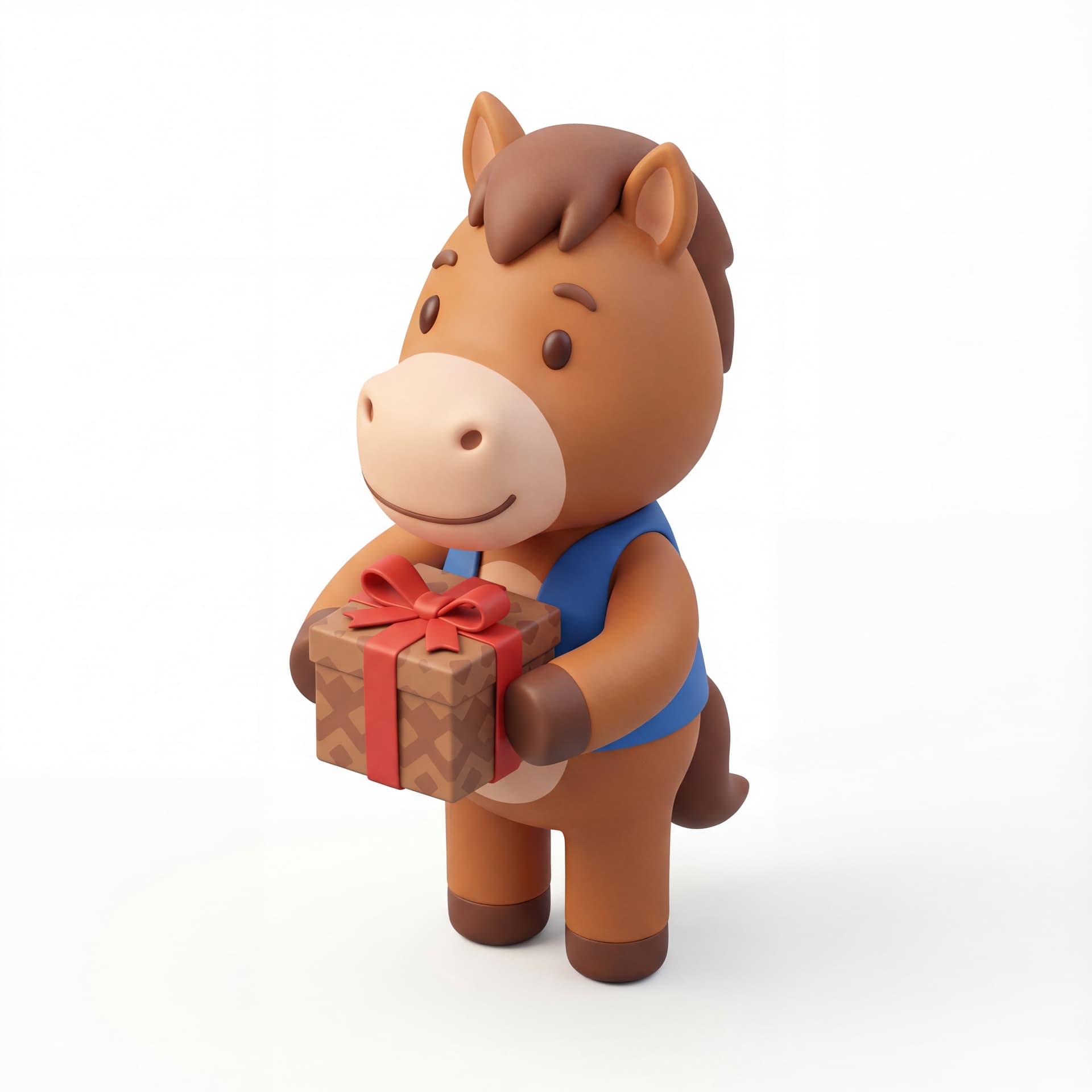 A cute cartoon horse mascot holding a rectangular gift box with both hands, upright posture, full body, front-facing, isolated on a white background.