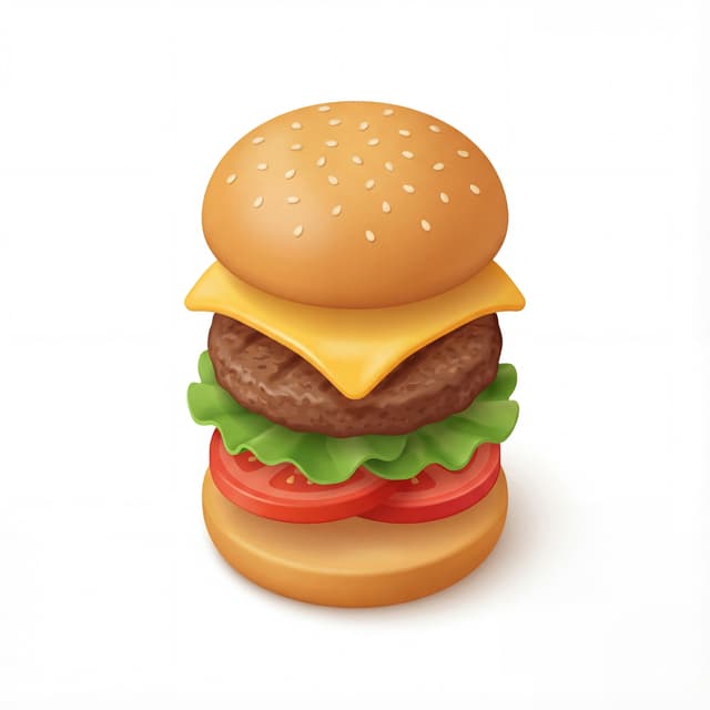 A minimal food icon of a cheeseburger, stacked layers clearly separated, soft shadows, clean vector look.