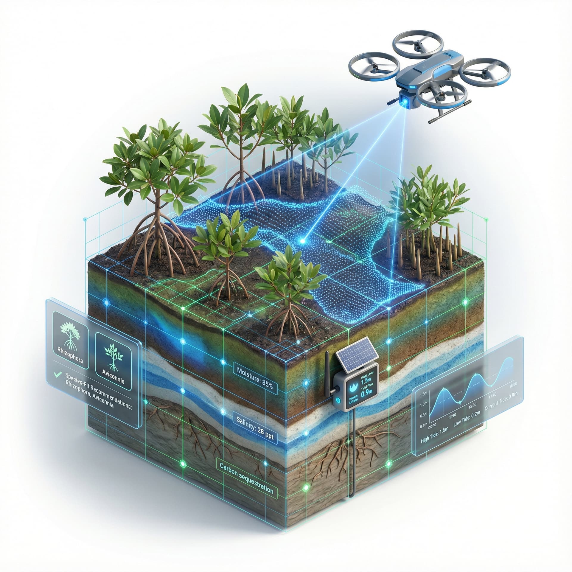 Isometric 3D mangrove restoration block with lush mangrove seedlings. 
Add holographic AR wetland grid overlay for precision alignment. 
Include a LIDAR drone scanning the site with a blue data beam. 
Add transparent soil layers showing salinity and moisture levels. 
Place a solar-powered IoT tide monitoring sensor. 
Add floating holographic panels displaying species-fit recommendations 
(Rhizophora, Avicennia) and tidal data. 
High-tech, accurate, clean, and ecological aesthetic.
