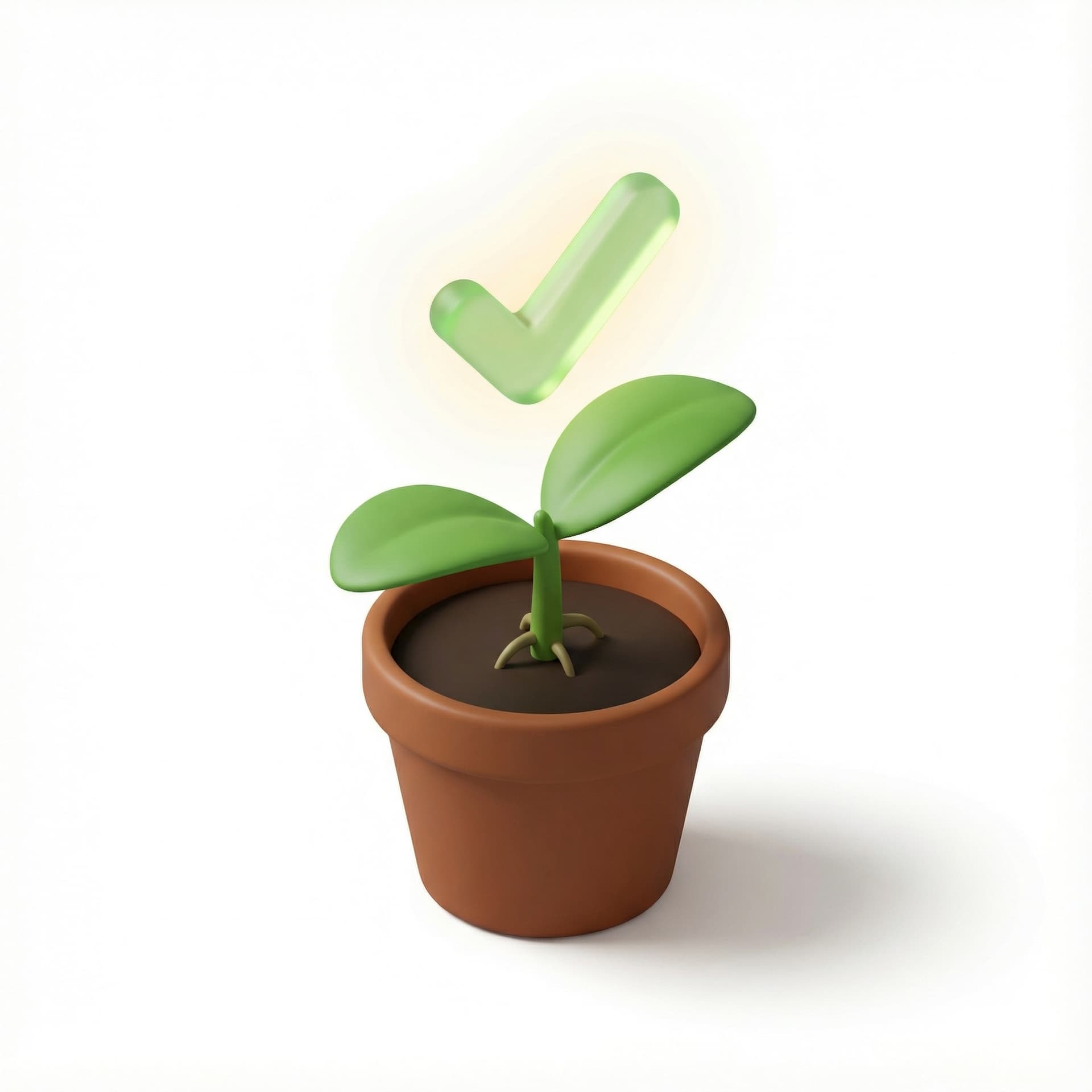 Realistic 3D miniature icon of a healthy plant seedling with a soft glowing checkmark floating above it, symbolizing survival above baseline. Smooth materials, soft shadows, clean Airbnb-style realism, white background.