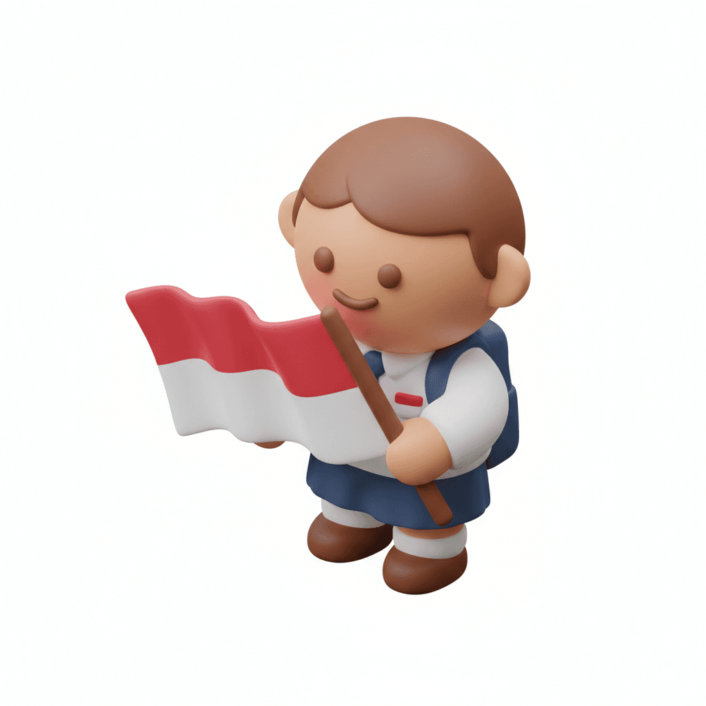 a claymorphism isometric icon of a student holding the Indonesian flag with oversized round shapes