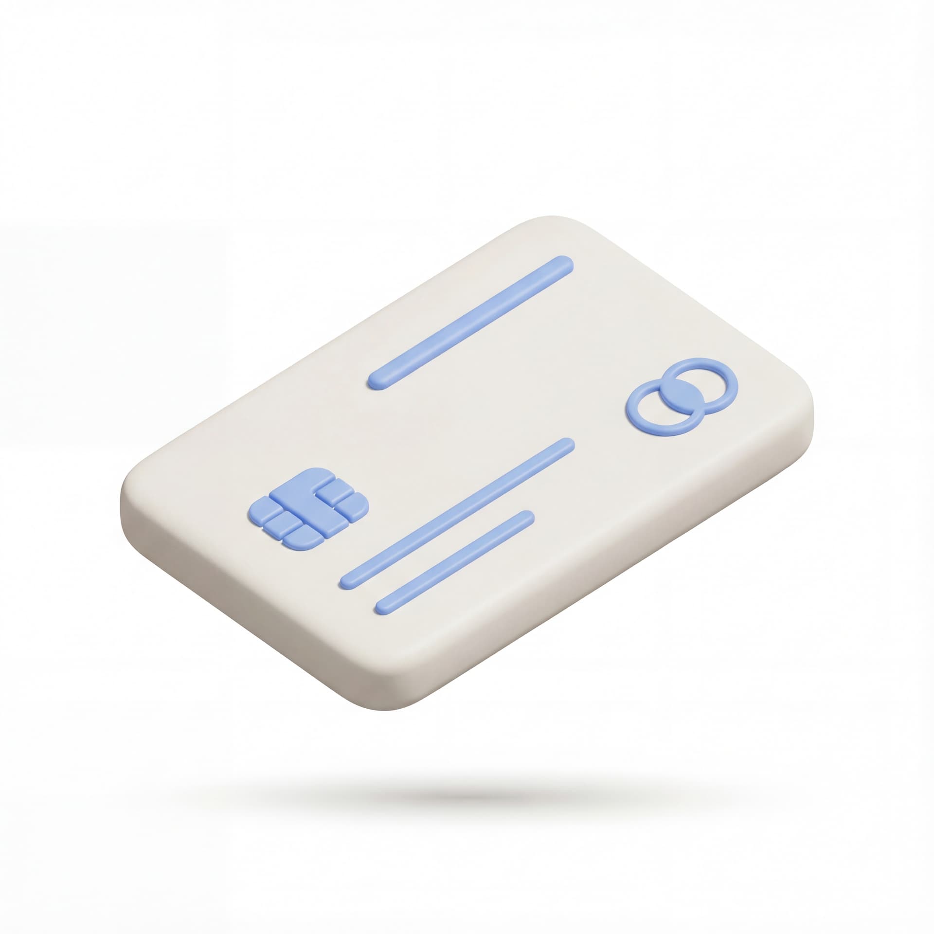 Ikon logo Credit Card dengan style Soft 3D Icon clay minimal tebal membulat detail rendah konsisten pencahayaan lembut bayangan kontak ringan dan warna neutral off-white dengan aksen biru lembut.