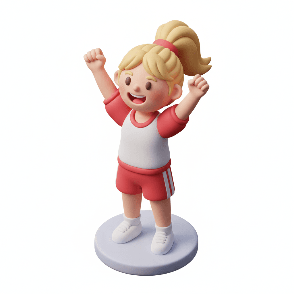 isometric clay-style icon of a girl in red and white uniform with puffy arms raised in a victorious pose