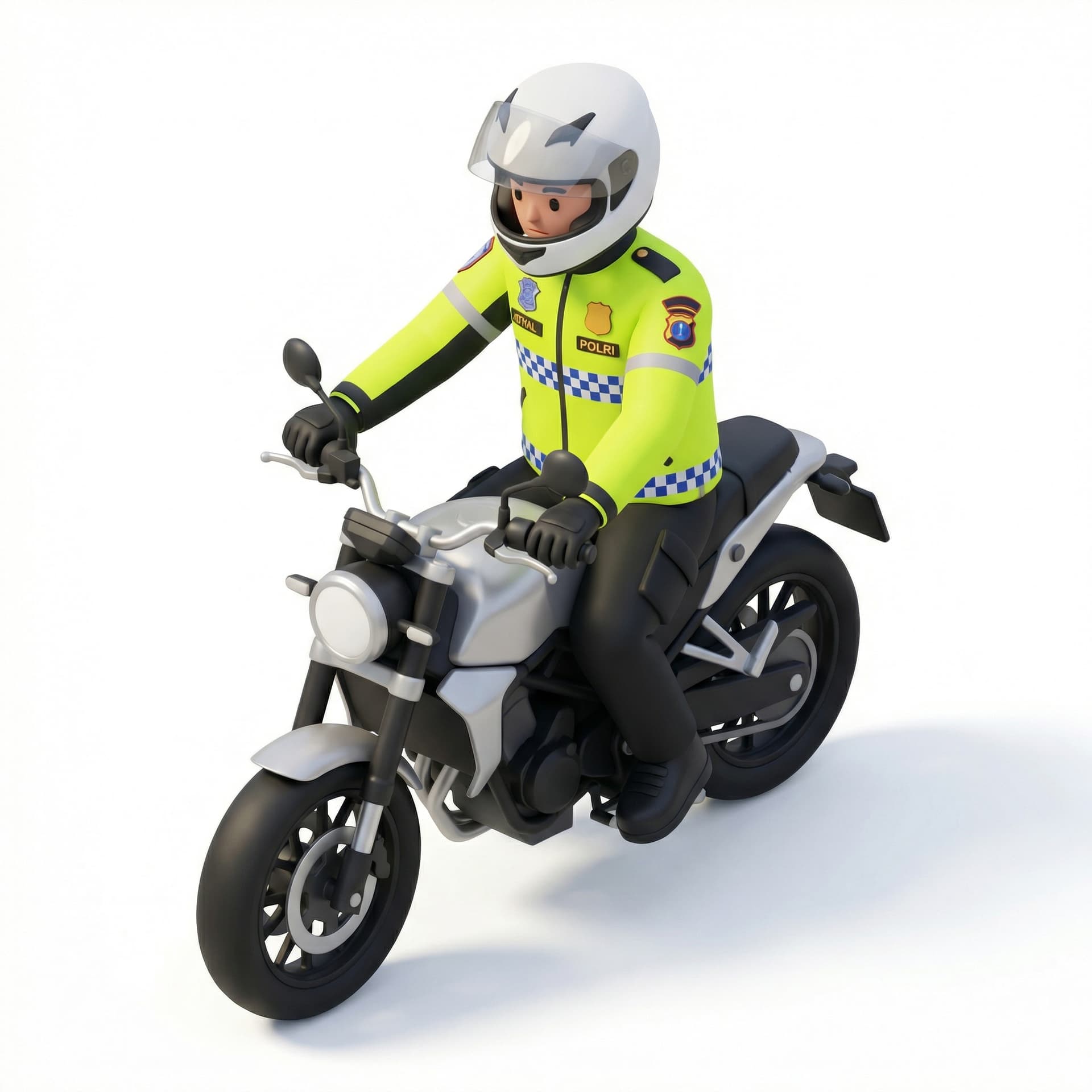 Indonesian traffic police wearing a black and green jacket are riding a white and blue motorbike wearing a white and blue helmet. Make his head look forward and smile