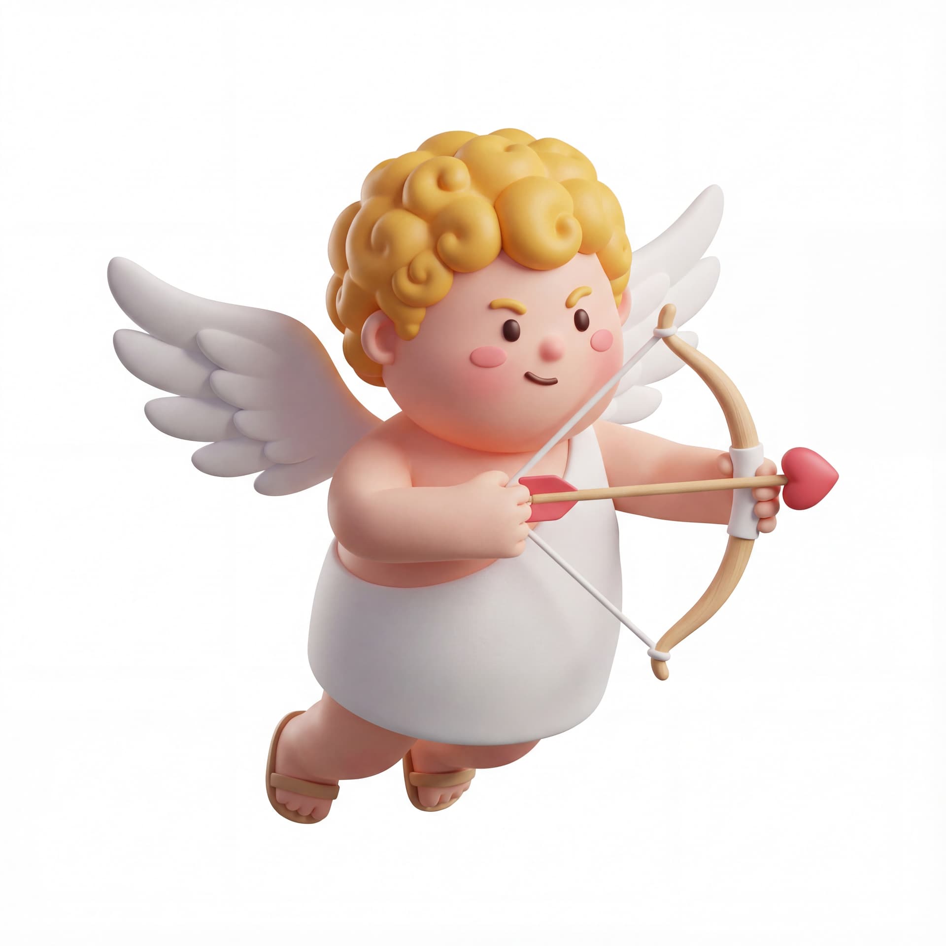 A full-body portrait of a cute Cupid character flying gently while aiming a bow forward, small wings spread, rounded proportions, playful focused expression, isolated on a white background.