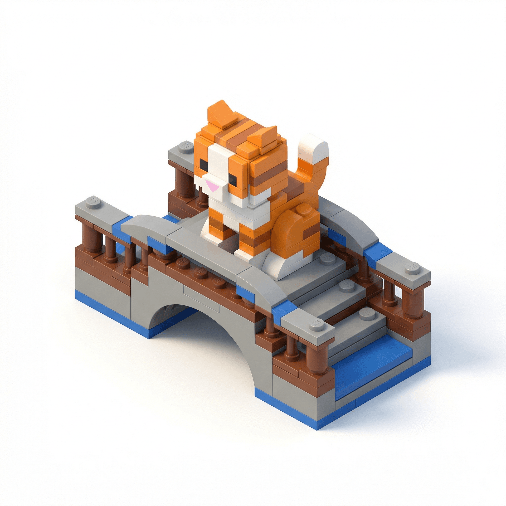 buatkan saya ikon kucing duduk diatas jembatan dengan style lego