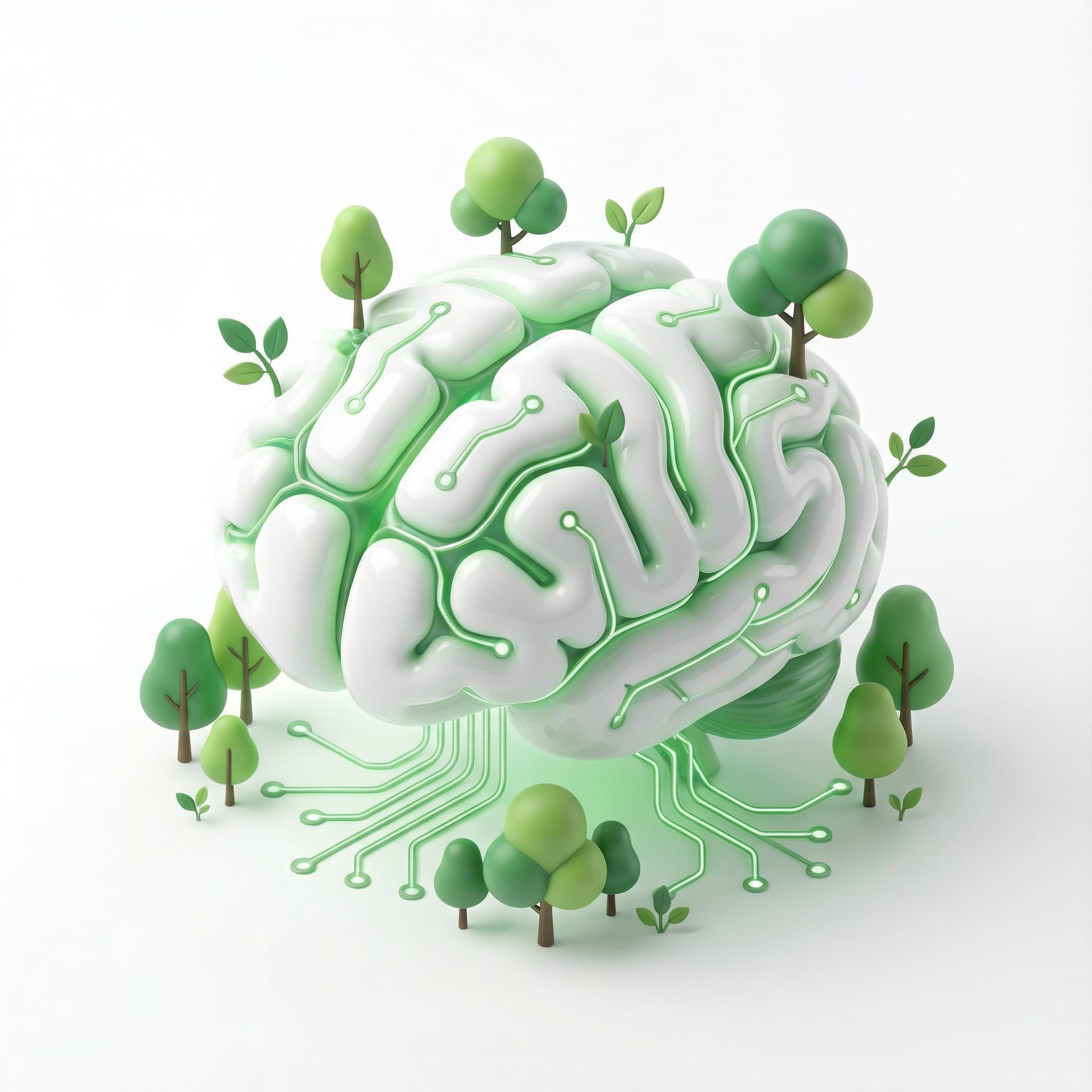 3D chubby-style AI brain icon with tiny glowing circuits connecting to miniature forest elements (trees, leaves). Soft isometric perspective, glossy rounded forms, clean white/green palette. Represents smart AI ecological analysis.