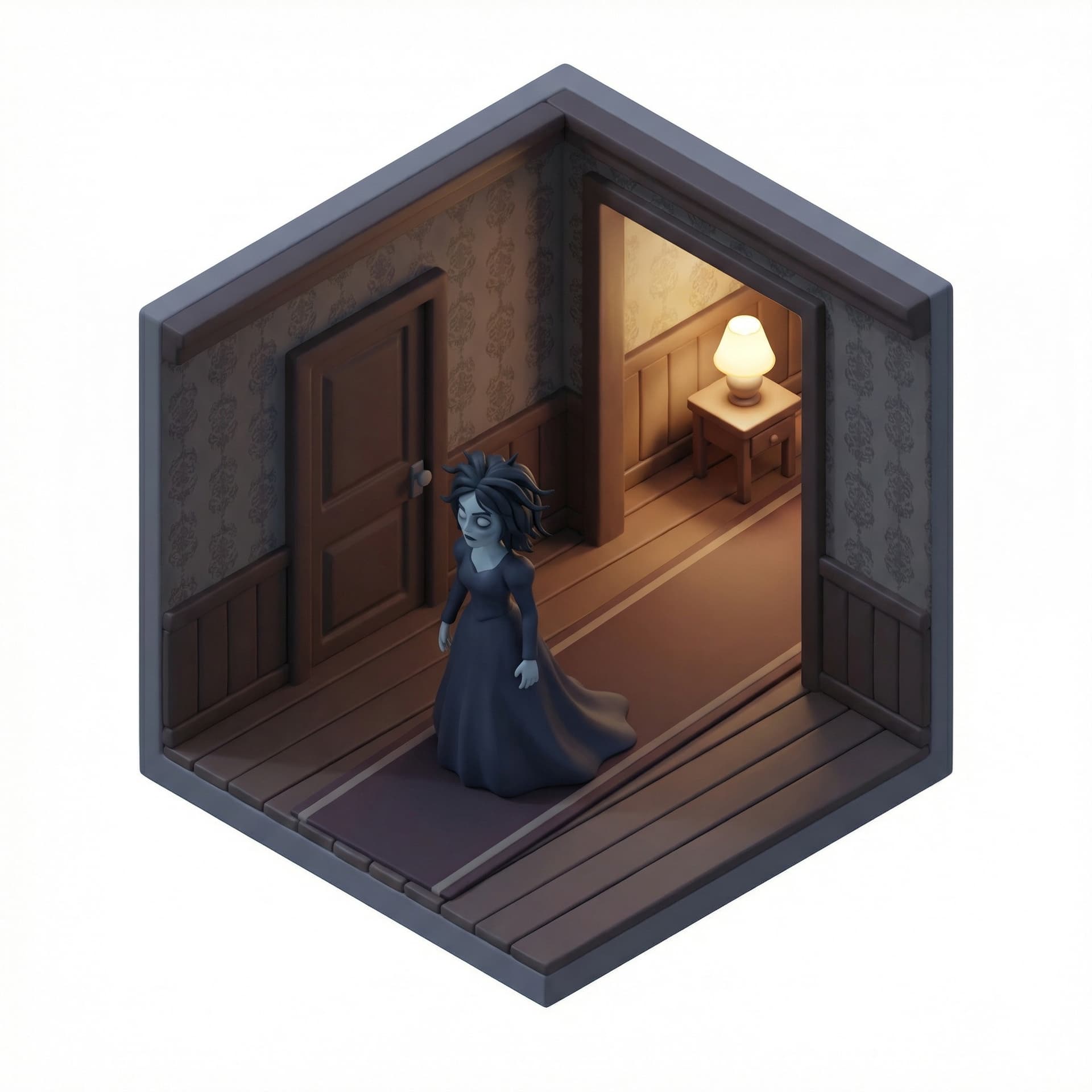 scary woman in the hallway cartoon style