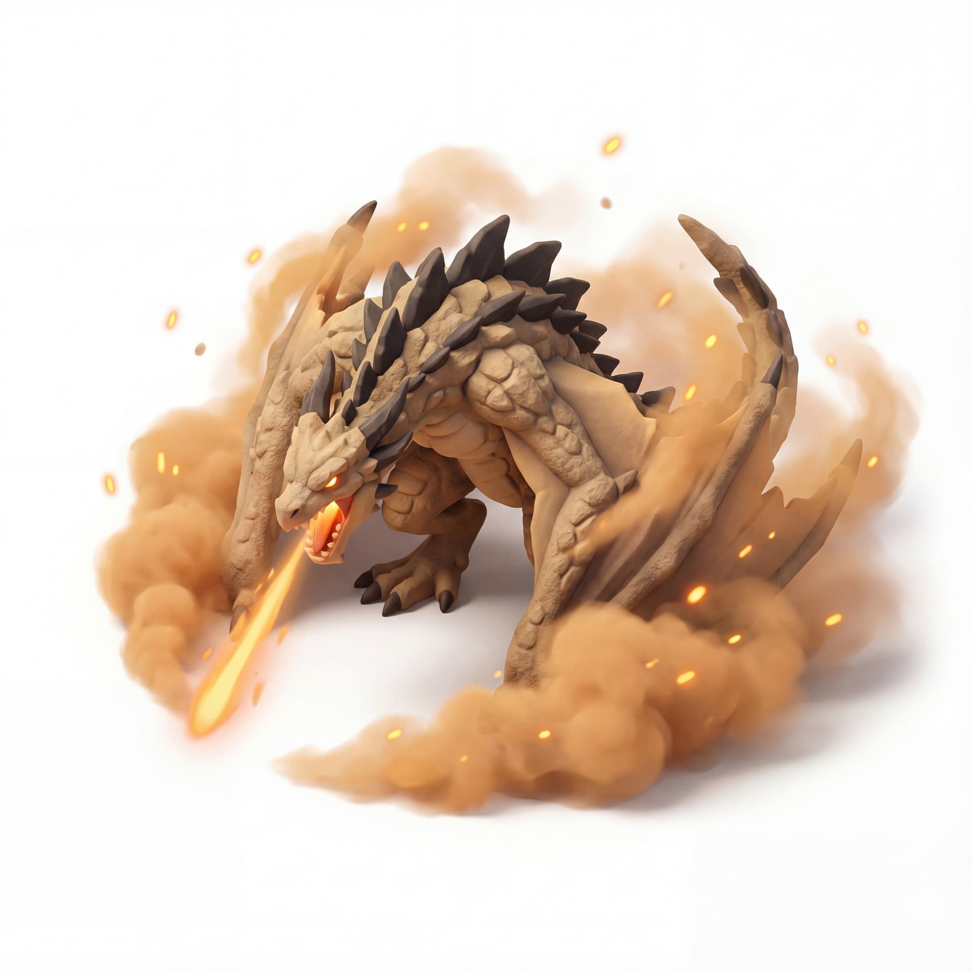 An isometric dragon with sand-colored rocky scales and jagged spine plates roaring downward while firing a beam, wrapped in orange dust clouds mixed with glowing sparks.