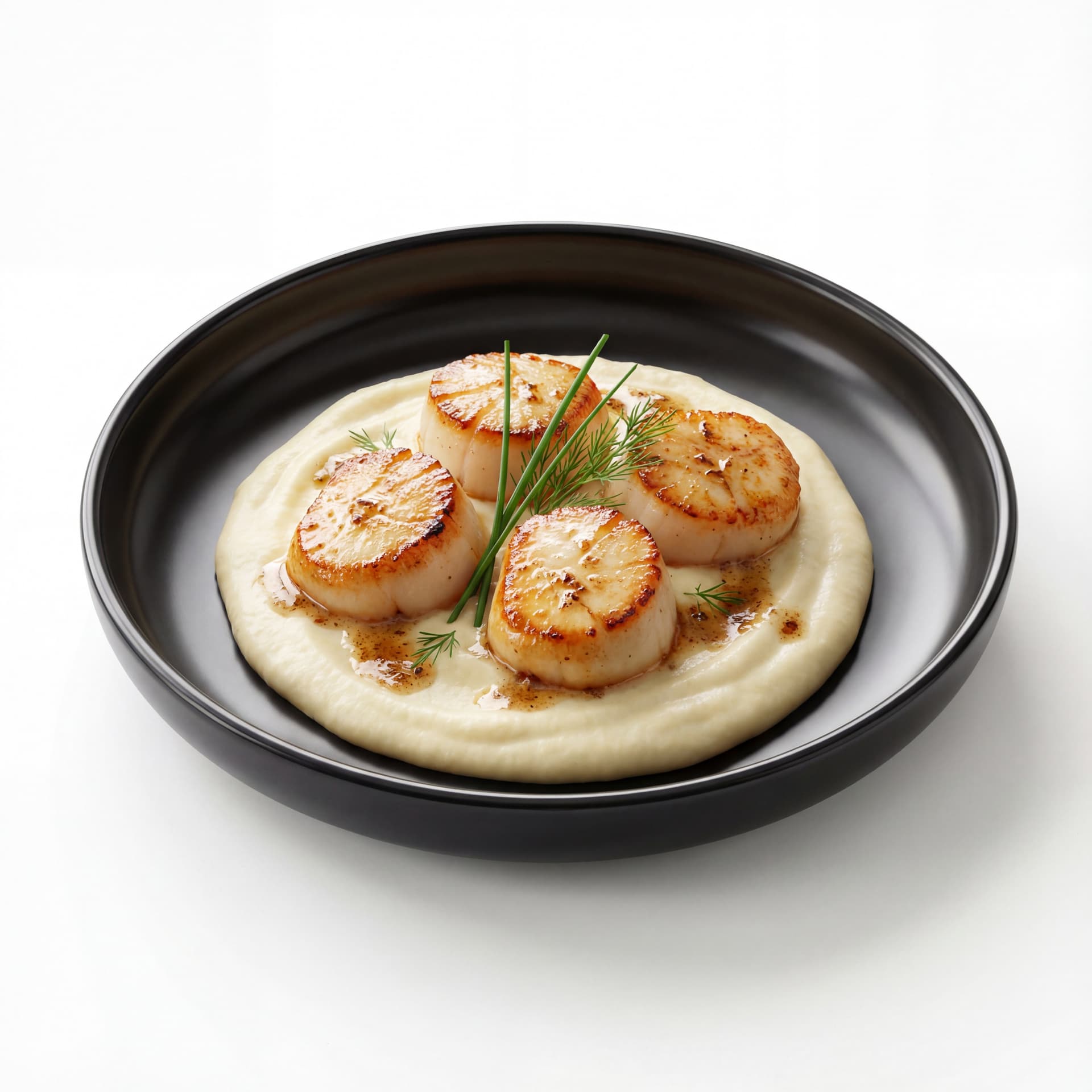 A black elegant plate holding scallops seared to golden edges, cauliflower purée, browned butter sauce, and herb garnish.