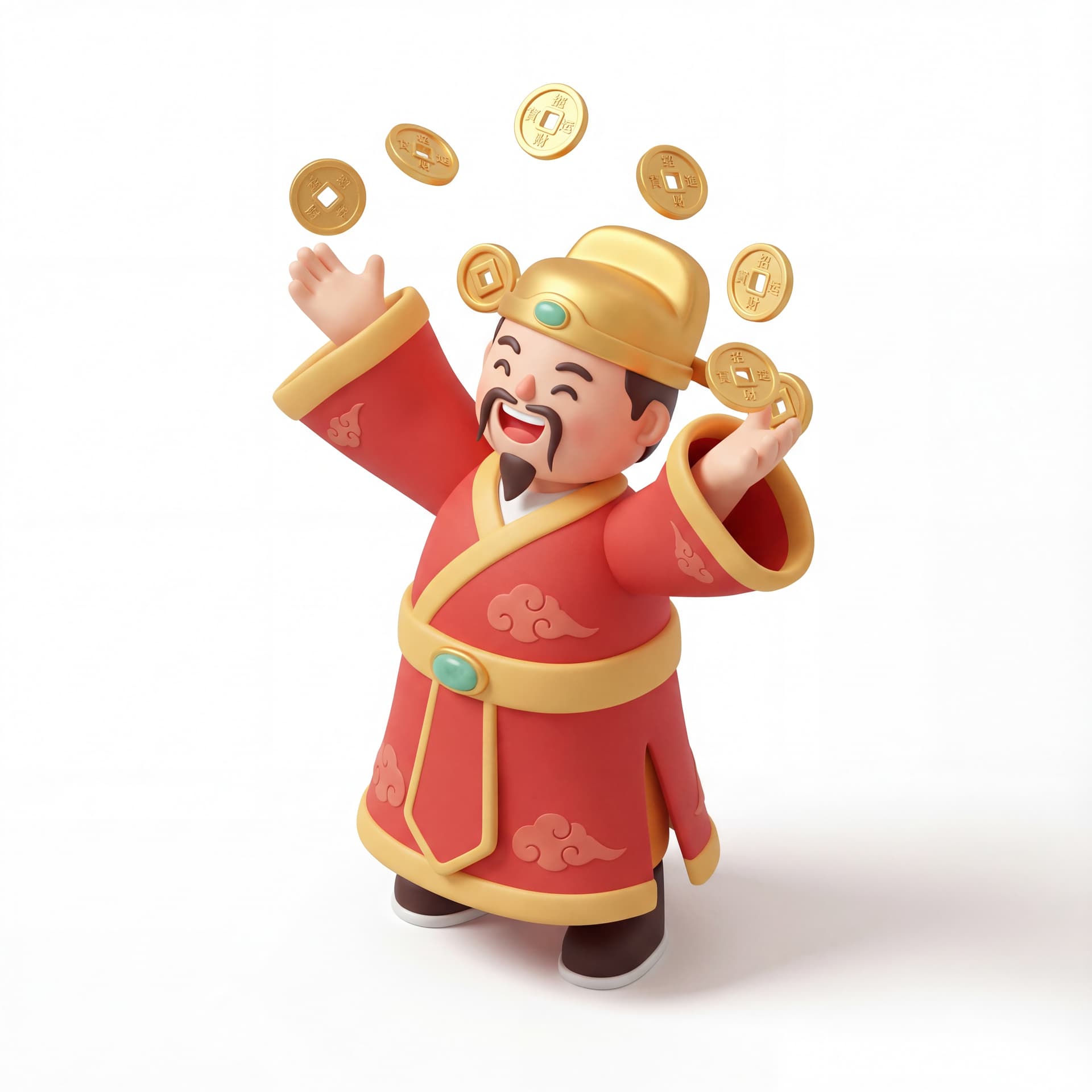 A full-body portrait of a cute God of Wealth joyfully tossing several symbolic coins upward, dynamic arm movement, flowing simplified robes, cheerful energetic expression, isolated on a white background.