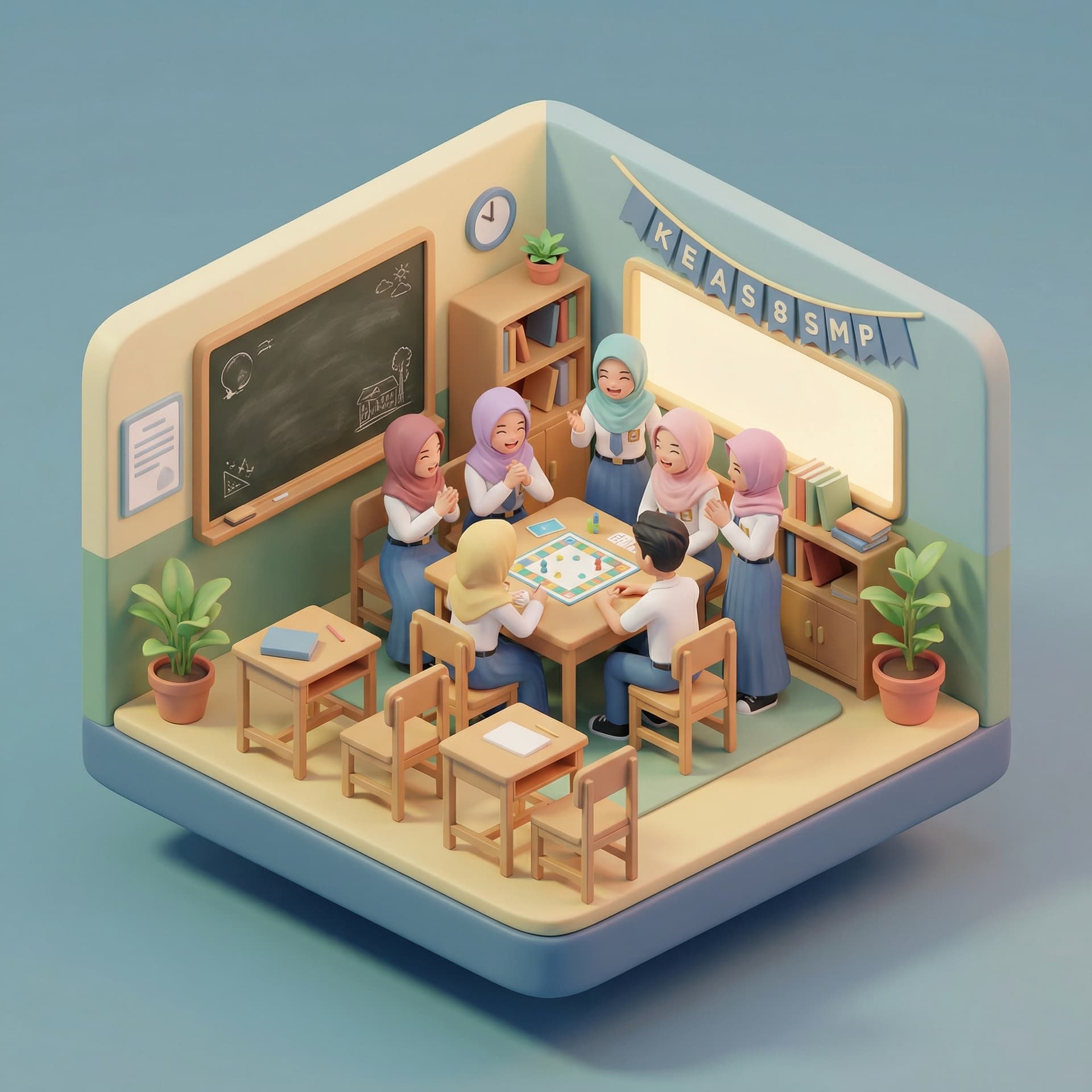 tema nya adalah pertemanan smp kelas 8 yang tidak terlupakan. terdiri dari 7 orang perempuan berhijab dan 1 orang cowo sedang bermain bersama di kelas