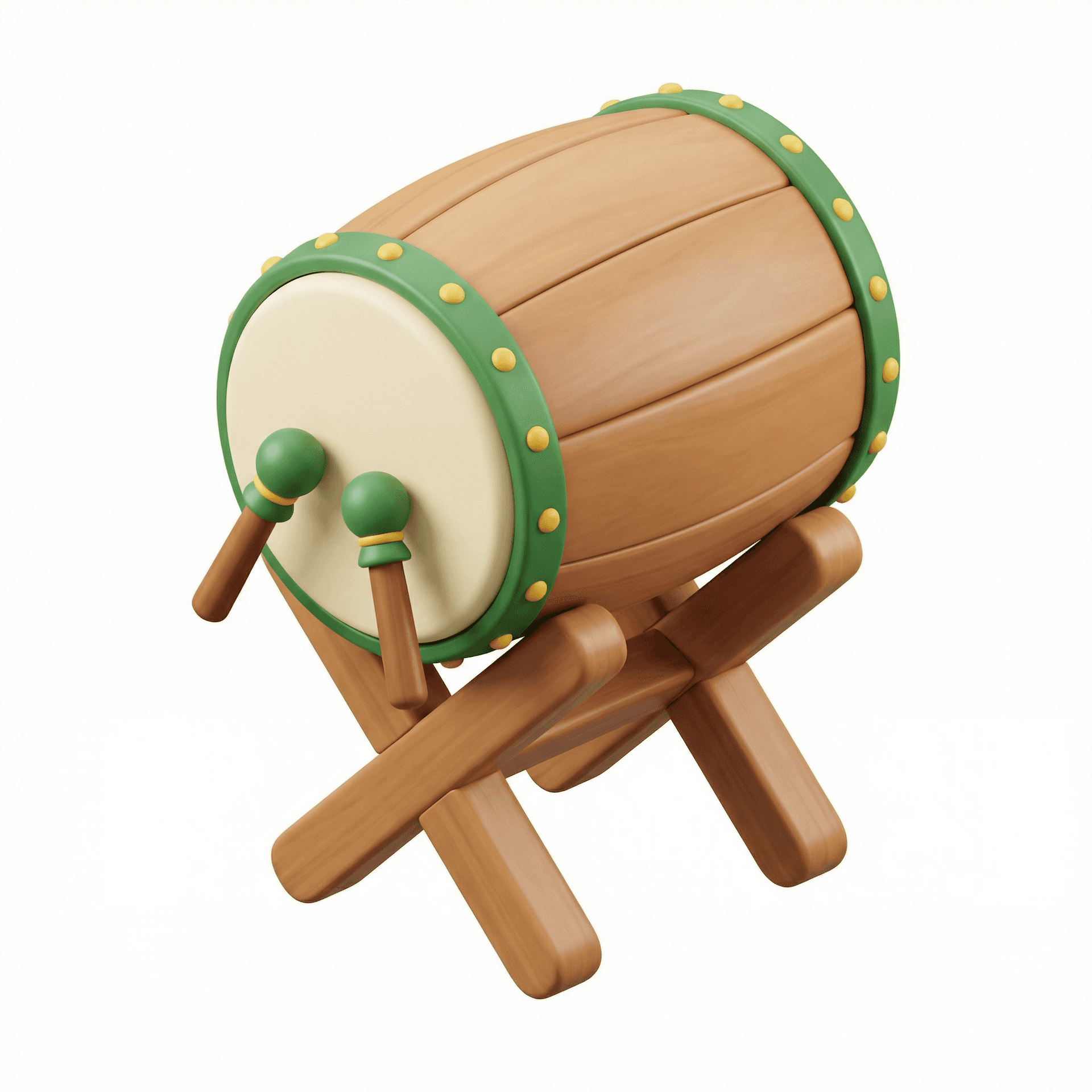 A high-quality stylized 3D render of a traditional wooden drum mounted on a crossed wooden stand. The drum has a cylindrical body made of smooth brown wooden panels with soft rounded edges. Both drum heads are circular, cream-colored, and slightly padded, bordered by a green rim with evenly spaced small yellow rivets. Two short drumsticks are attached near the front, each with a cylindrical brown handle and a round green tip, giving a playful and cartoon-like appearance. The drum stand is made of thick wooden beams crossed in an X-shape, with rounded corners and a matte wooden finish. The overall style is cute, minimal, and toy-like, with simplified geometry and smooth surfaces. Materials are soft matte plastic and polished wood, with subtle shading and gentle highlights. Rendered in a clean studio environment, isolated on a white background. Soft global illumination, balanced lighting, smooth shadows, no harsh reflections. Ultra-clean 3D style, Pixar-like proportions, modern cartoon aesthetic, high resolution, sharp focus, blender cycles / octane render quality, PBR materials, ambient occlusion, professional product-style render.