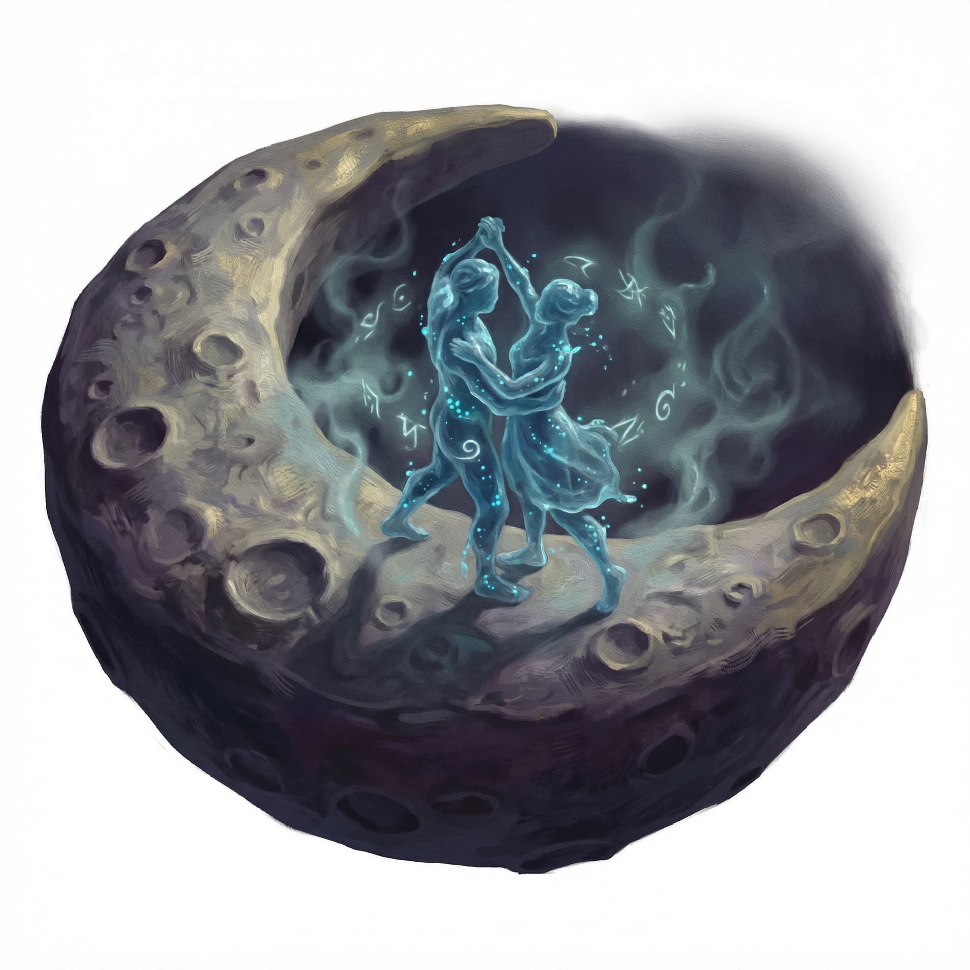 Manusia manusia air yang berdansa di bulan, situasi nya gelap terus agak magical tapi serem dikit, style nya kayak lukisan lama