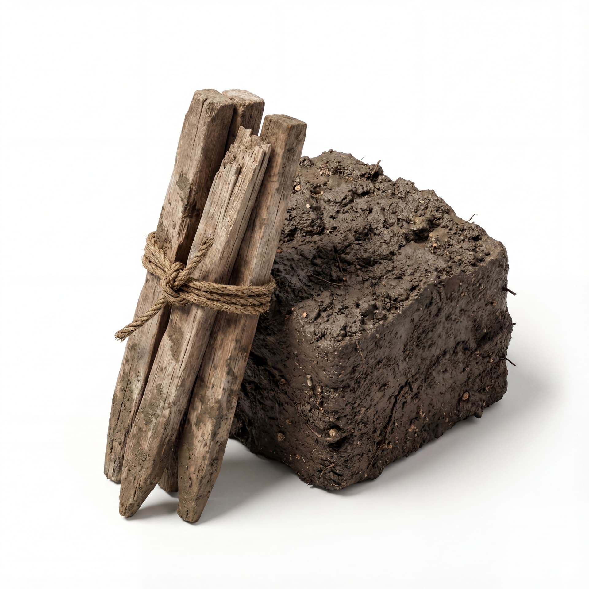 Small cluster of wooden stakes tied together with natural rope. 
Placed beside the soil block to represent manual planting markers. 
Rough texture, slightly muddy, low-tech.

