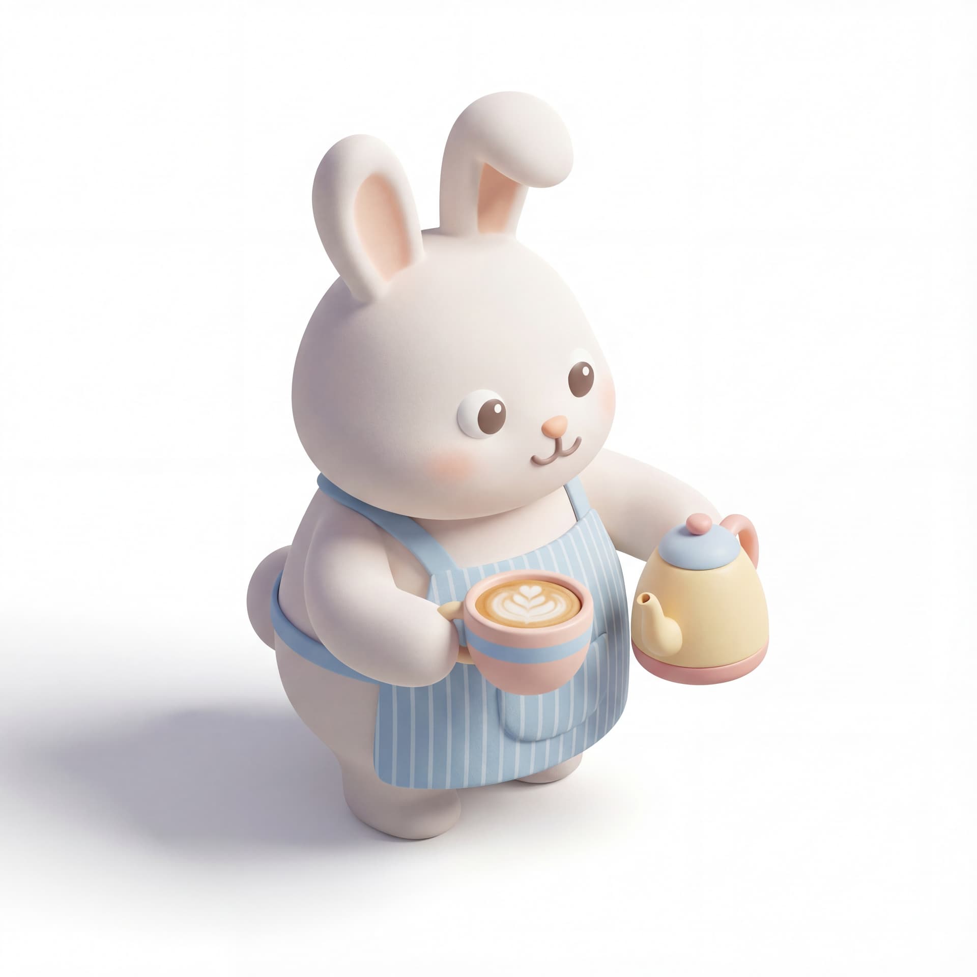 A cute rabbit barista in an apron, holding a ceramic coffee cup and kettle, soft pastel cartoon style.