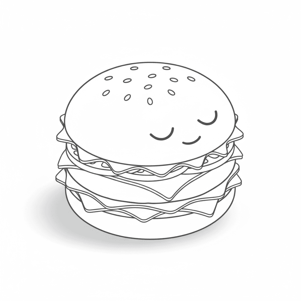 outline-only isometric icon of a sleeping burger character with closed eyes