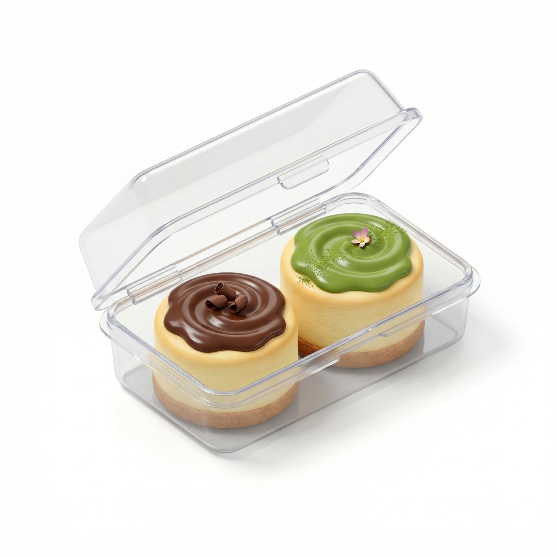 two cheese cakes with a chocolate sauce in the top, and the other one with a matcha sauce on the top, inside a plastic transparant mini box, 3d chibi style