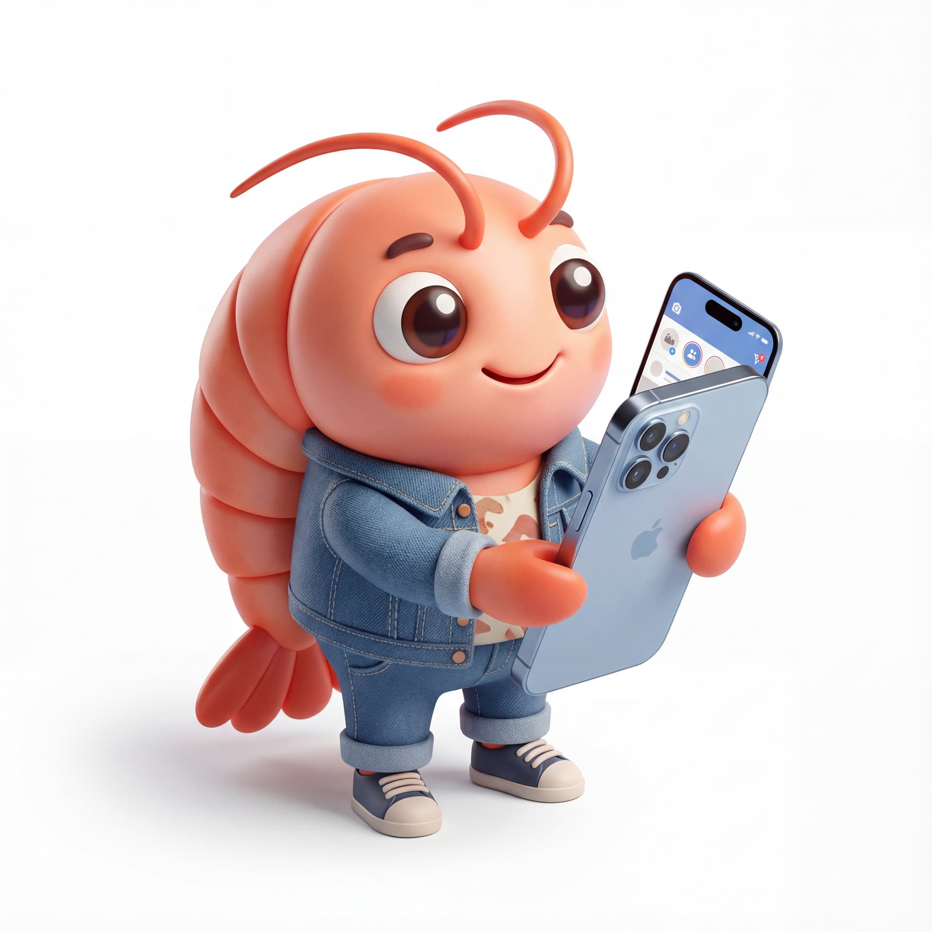 A cute cartoon shrimp mascot character dressed as a social media manager, wearing trendy casual clothing and holding a smartphone, full body, front-facing, rounded proportions, big expressive eyes, soft shading, upbeat confident smile, centered composition, isolated on a white background.