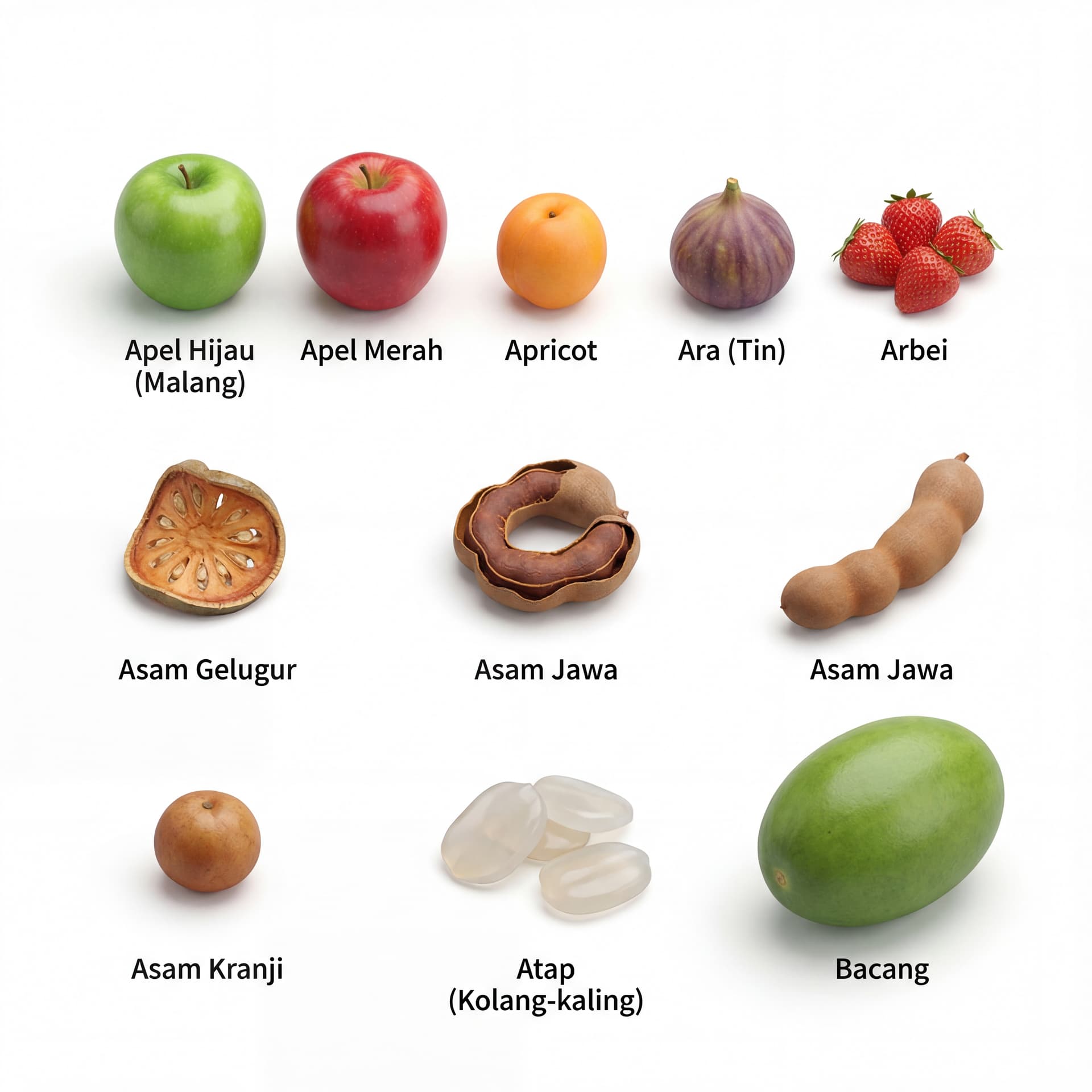 Apel Hijau (Malang), Apel Merah, Apricot, Ara (Tin), Arbei, Asam Gelugur, Asam Jawa, Asam Kranji, Atap (Kolang-kaling), Bacang