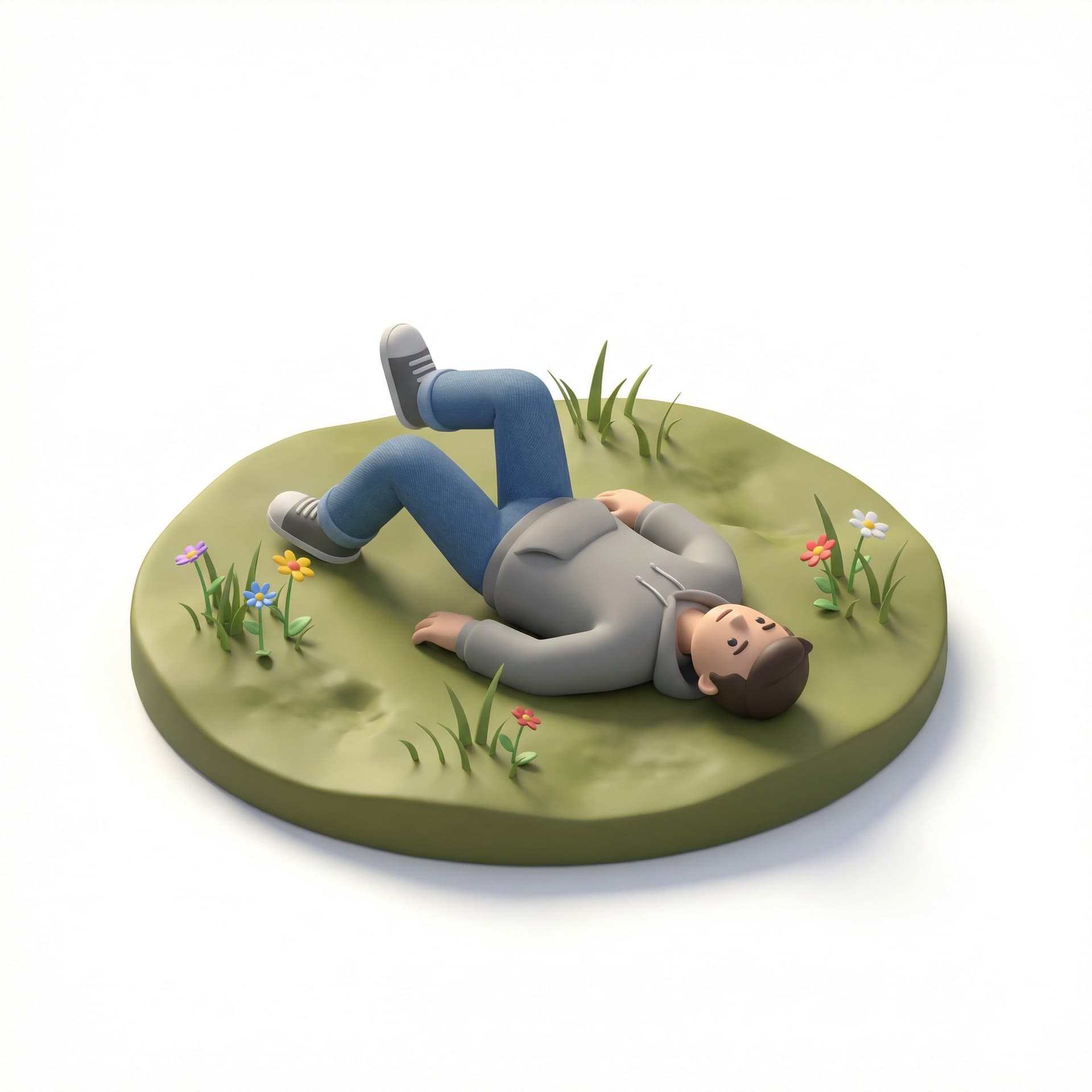 make someone that just fall to the ground in isometric view. Add the floor and some element like grass, few flowers on the floor to create the scene. It's an accident the position of the character is lying on the floor in not a confortable way one leg up. He's wearing neutral and casual clothe. Like a jean. You add some element around him to create a little scene to setup the mood and the atmsophere. Like having a bit of grass or something from outside 