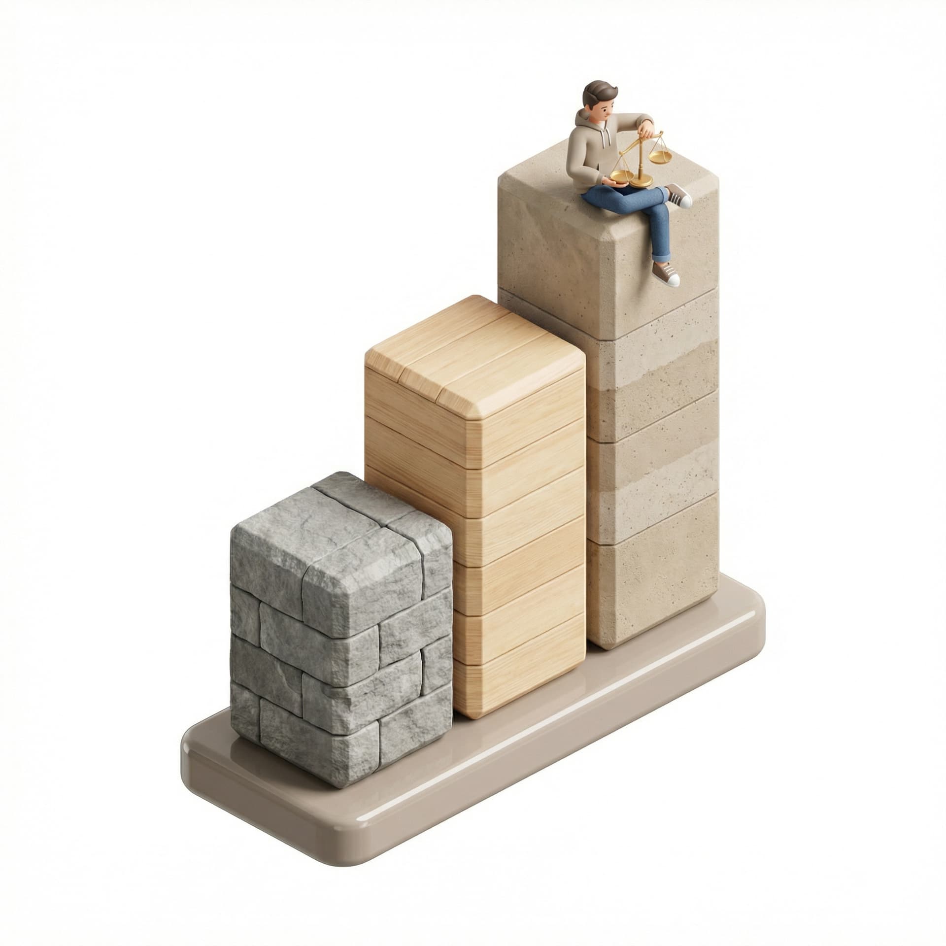 an isometric bar chart with 3 bars. with neutral color, with differetn texture like stones or light wooden. and on top a character sitting casually on top of the chart playing on the game of scale having it realy small compare to the bar chart.. The whole dataviz is sitting on a support that is neutral color