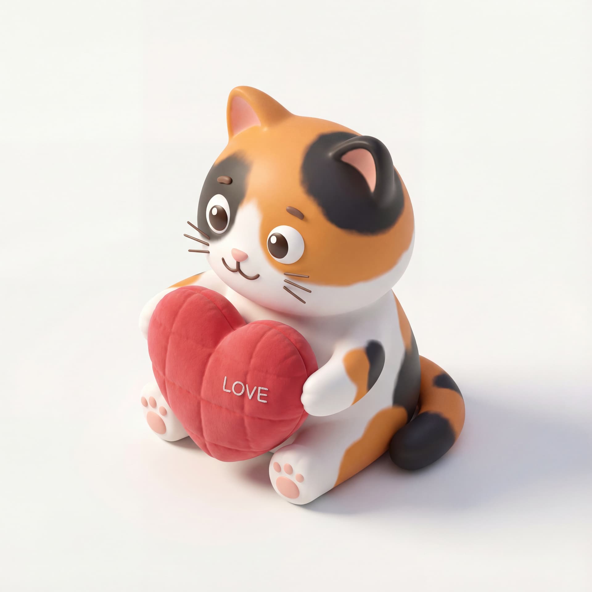 A cute cartoon cat character sitting upright and holding a heart-shaped pillow, full body, front-facing, rounded proportions, isolated on a white background.