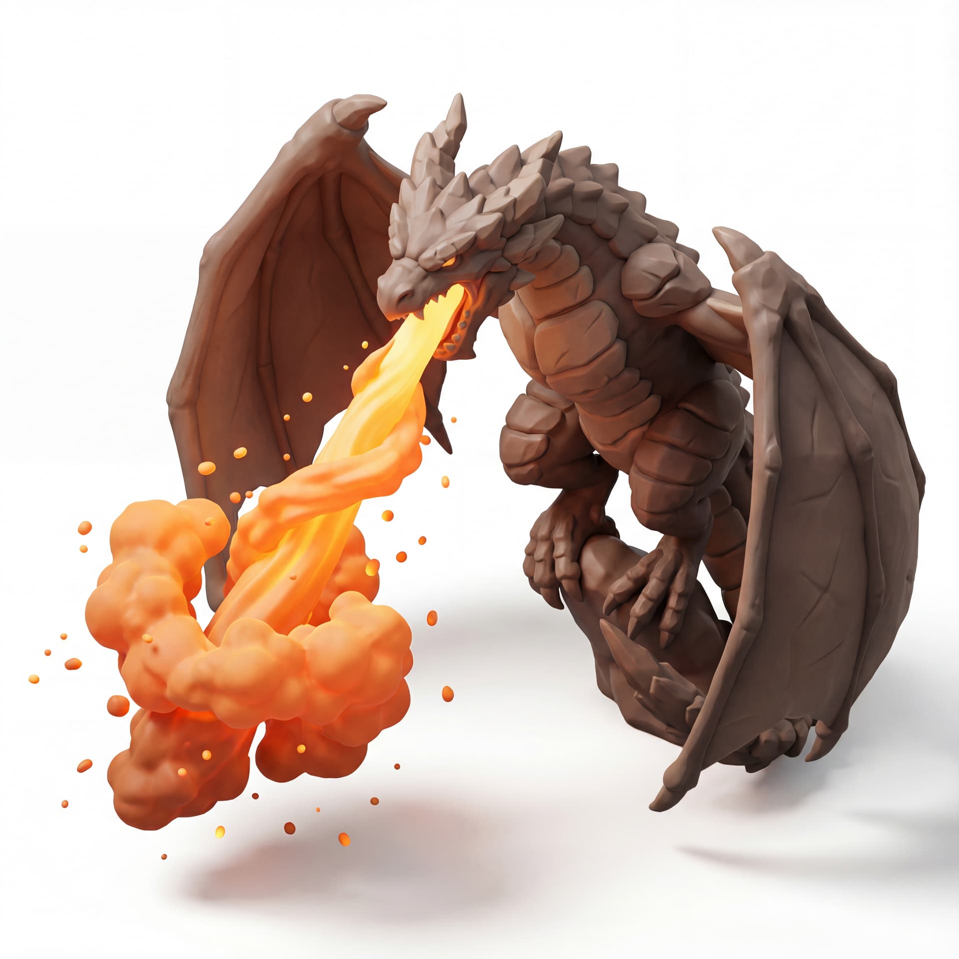An isometric dragon with brown rocky scales roaring downward while blasting a beam, surrounded by orange fire smoke and floating ember particles
