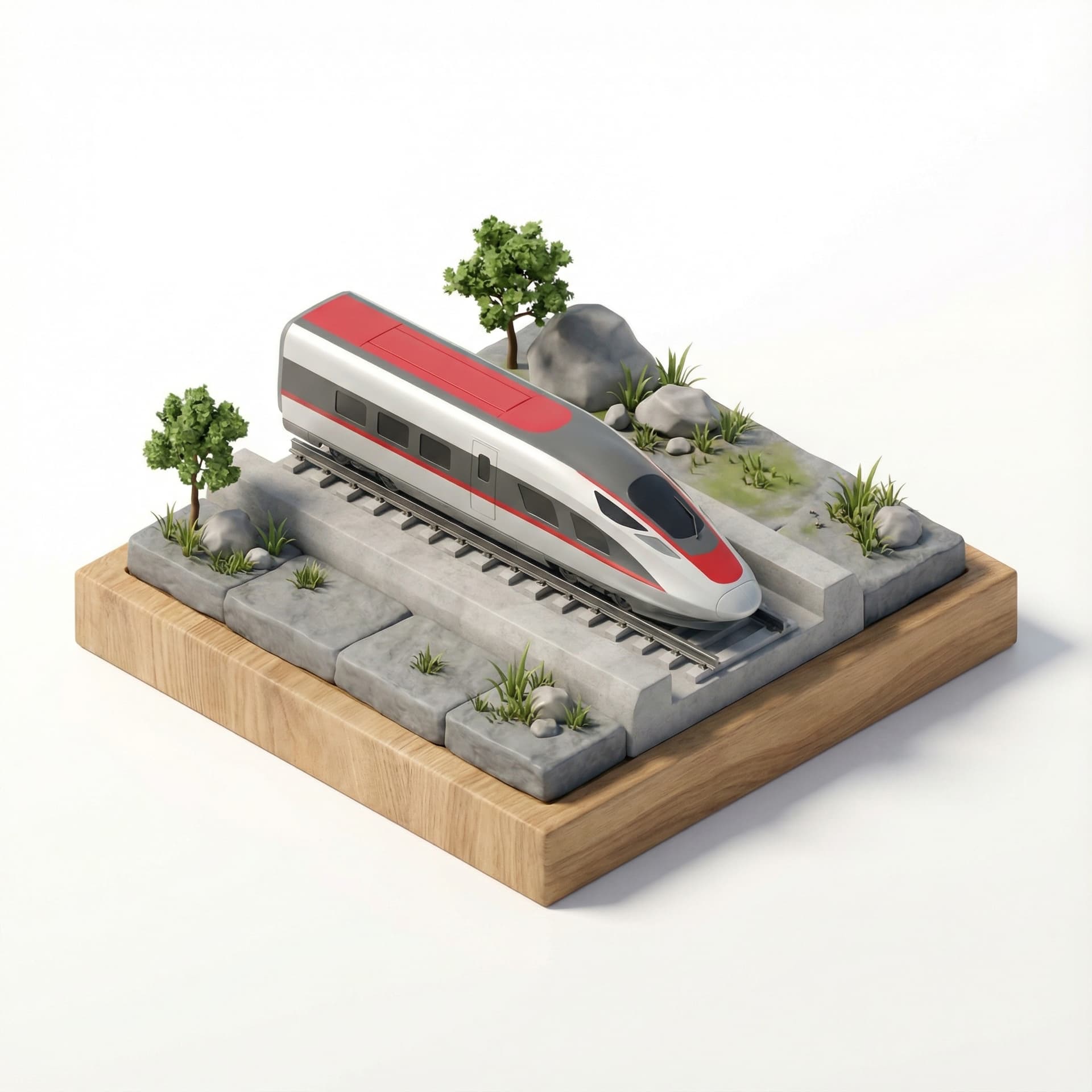 Create a high-definition miniature 3D isometric diorama of the Indonesian KCIC WHOOSH Train. Use a 45° top-down isometric view. . Place it on a realistic track for super high speed train. Build the scene on a raised diorama base and subtle landscaping so the environment feels alive but still minimal and premium.