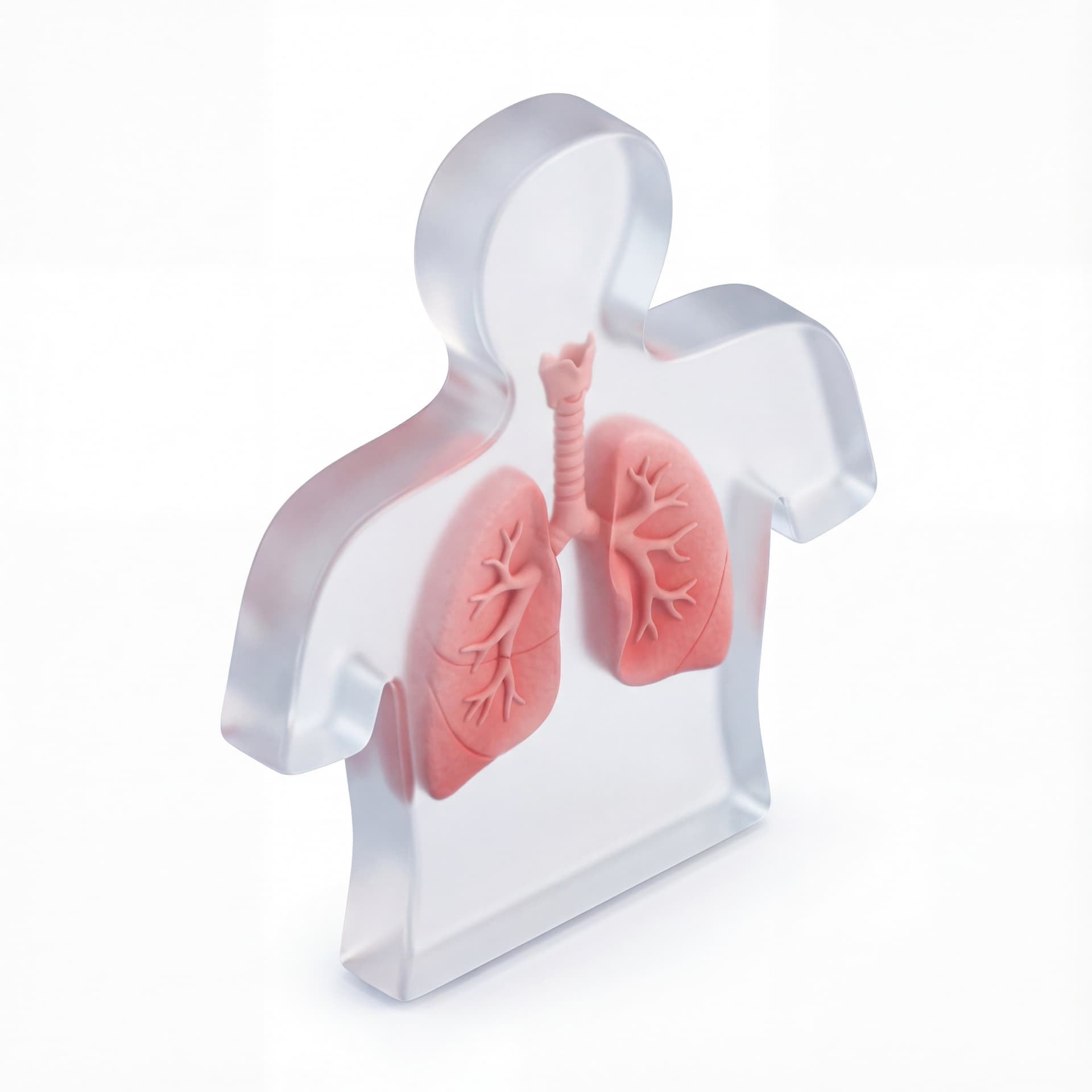 A transparent 3D human torso with lungs visible inside, airway structures clearly defined, educational medical rendering, isolated on a white background.