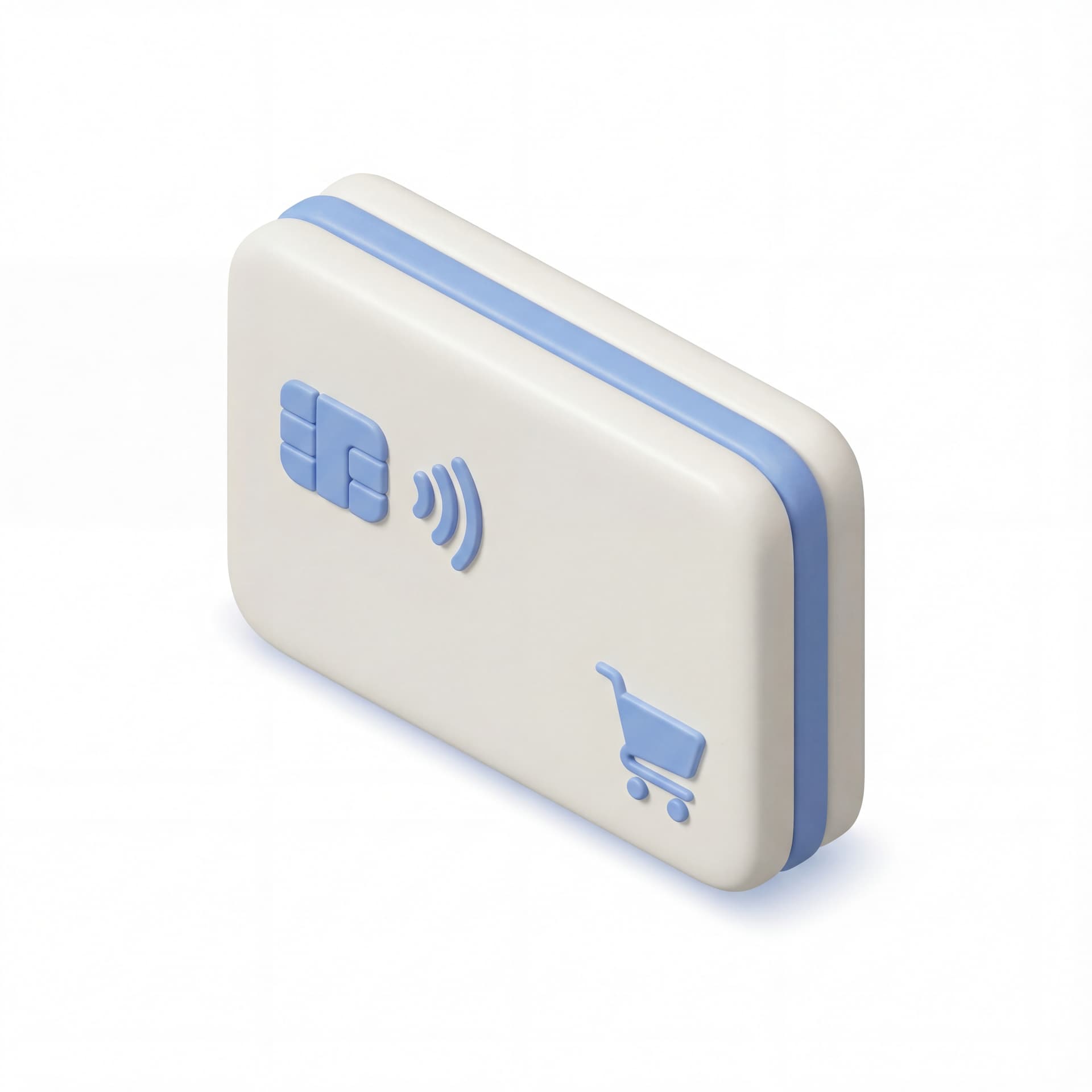 Ikon logo Credit Card terkait E-commerce dengan style 3D clay minimal tebal membulat detail rendah konsisten pencahayaan lembut bayangan kontak ringan dan warna neutral off-white dengan aksen biru lembut.