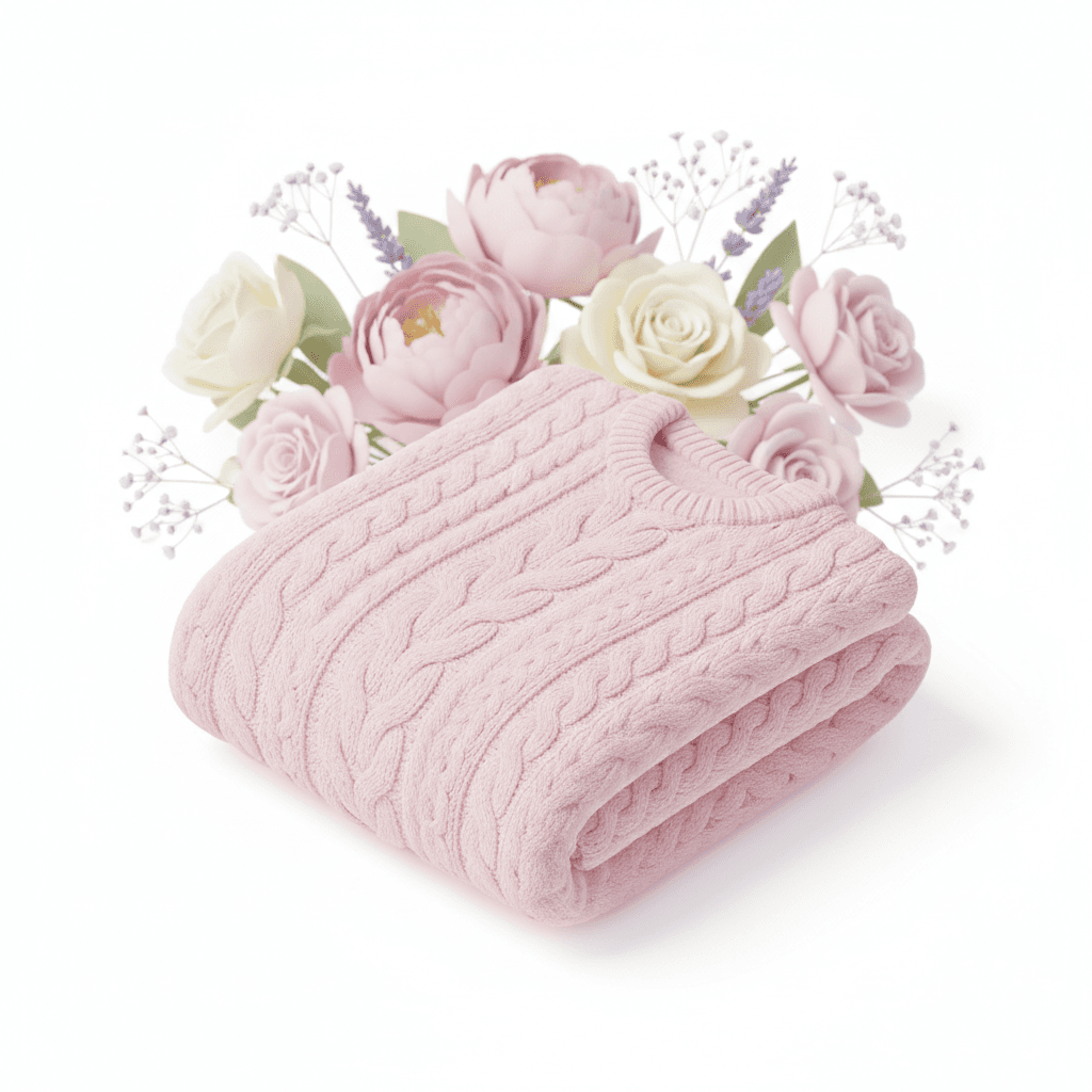 pastel pink sweater and flowers in background
