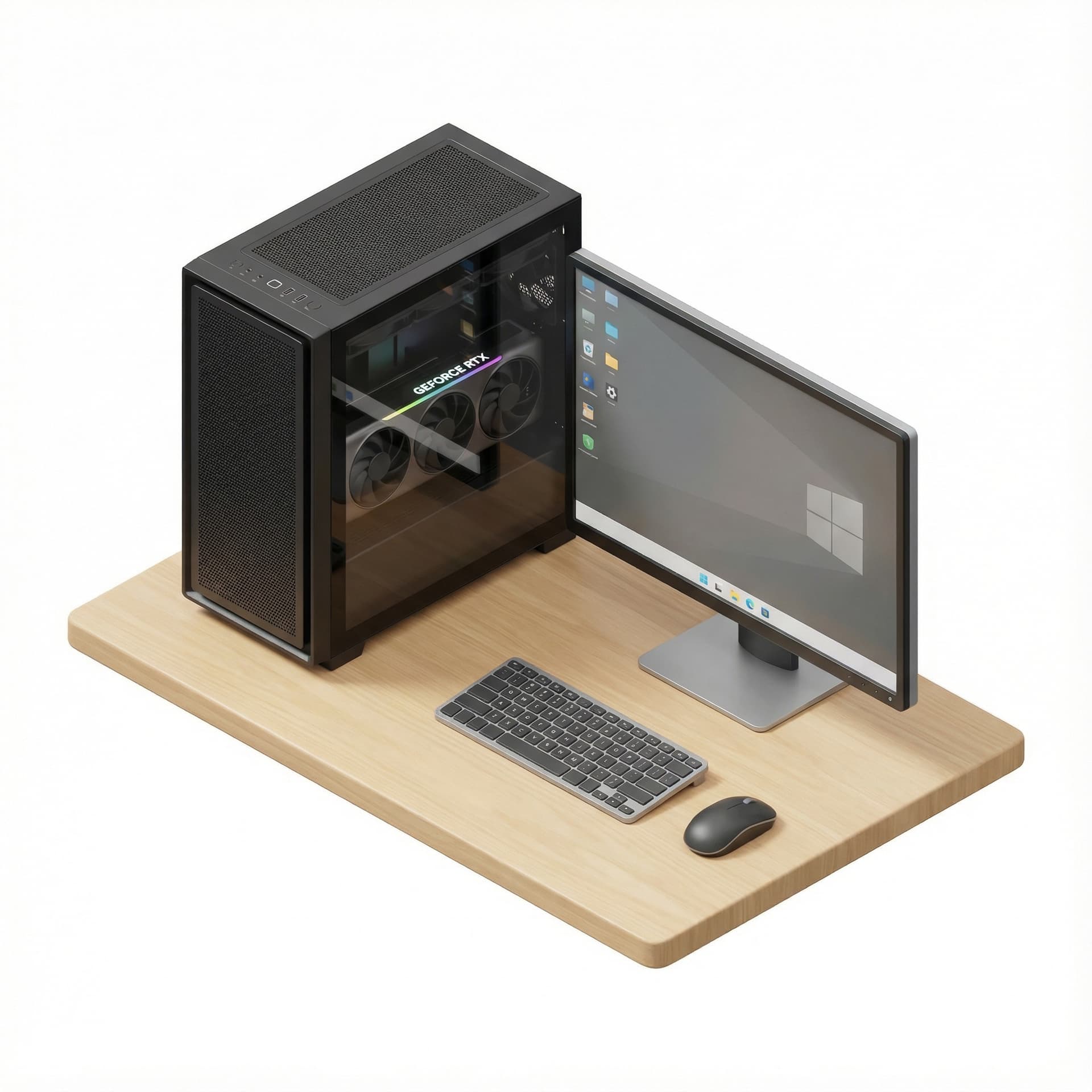 deepcool case ch 270 with rtx 5070 on the table and with 27inch monitor