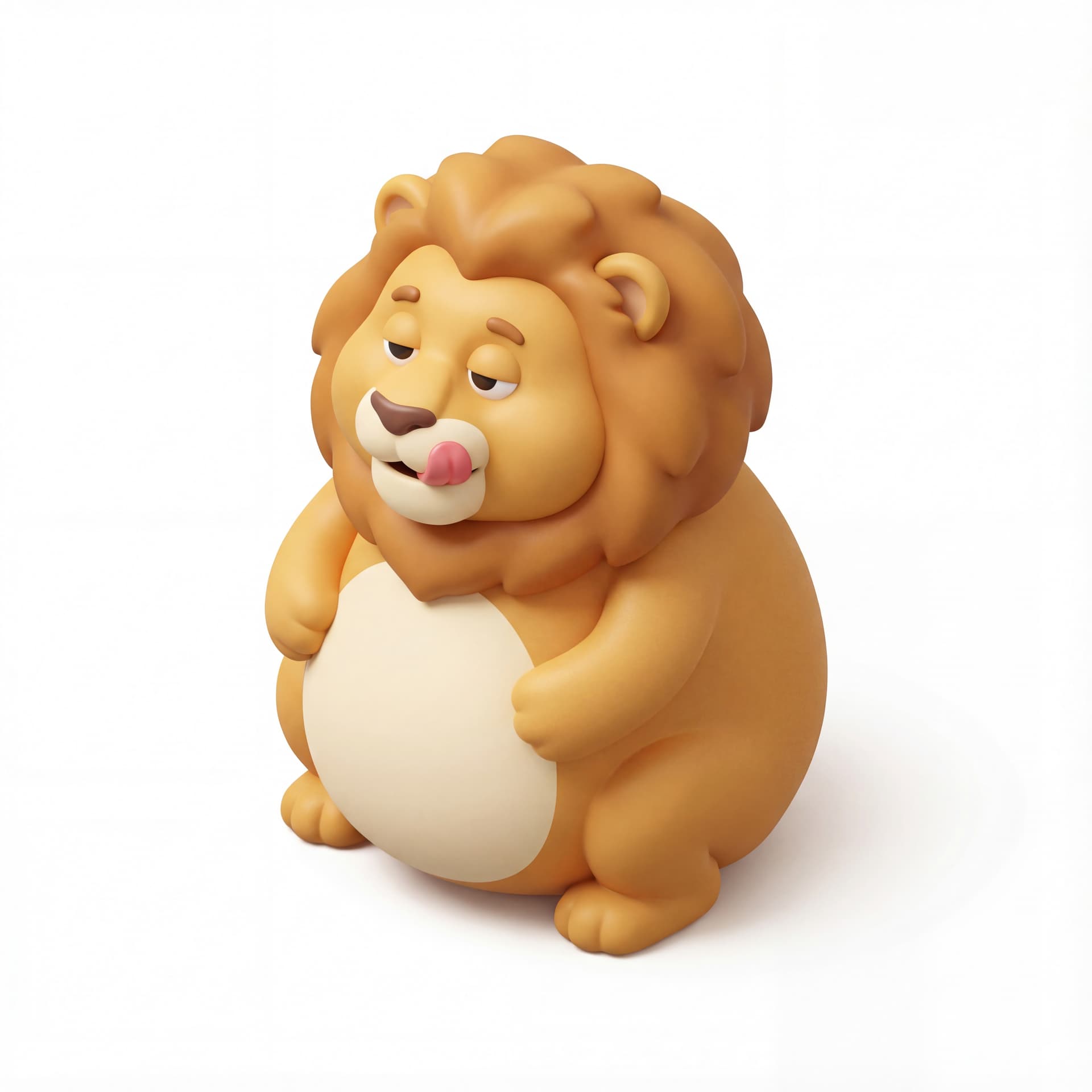 An isometric fat cute cartoon lion licking its lips with half-closed eyes, round belly pushing forward.