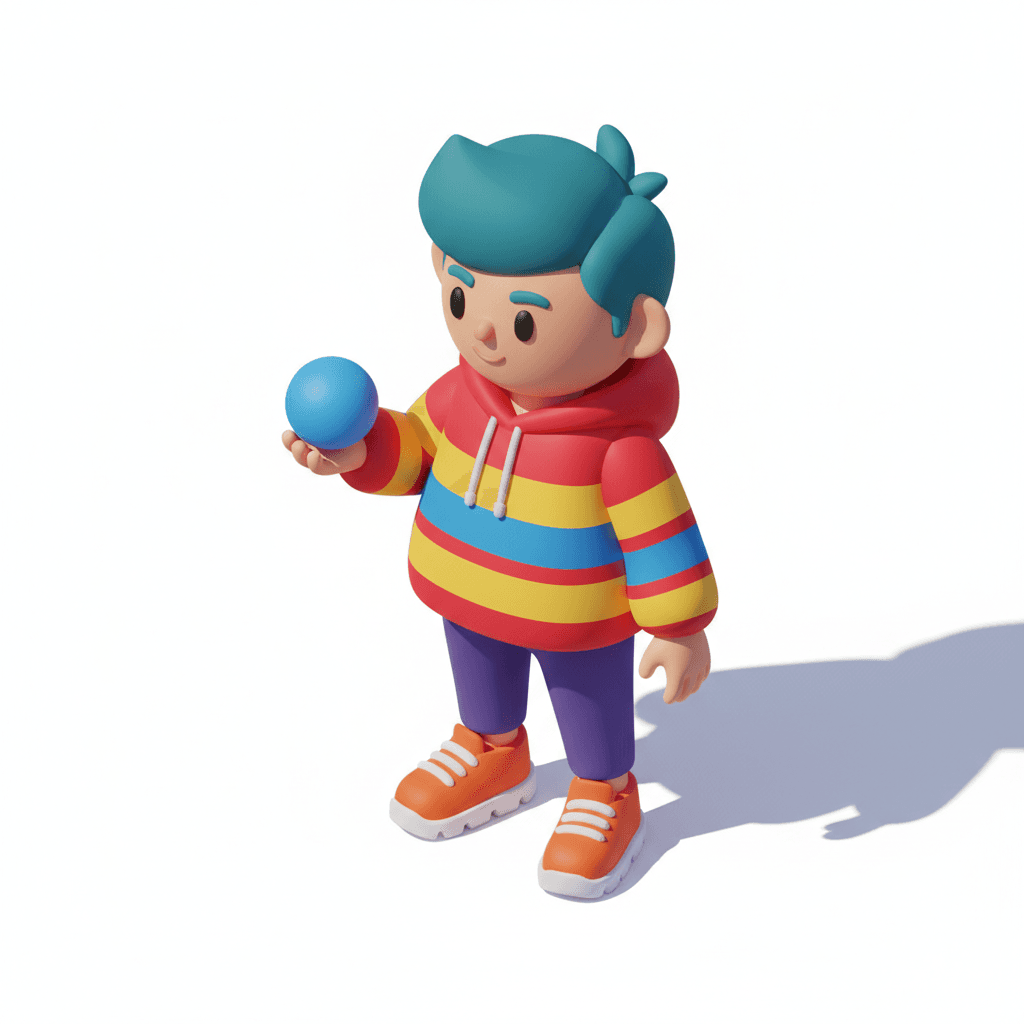 a stylized isometric character icon in bold color