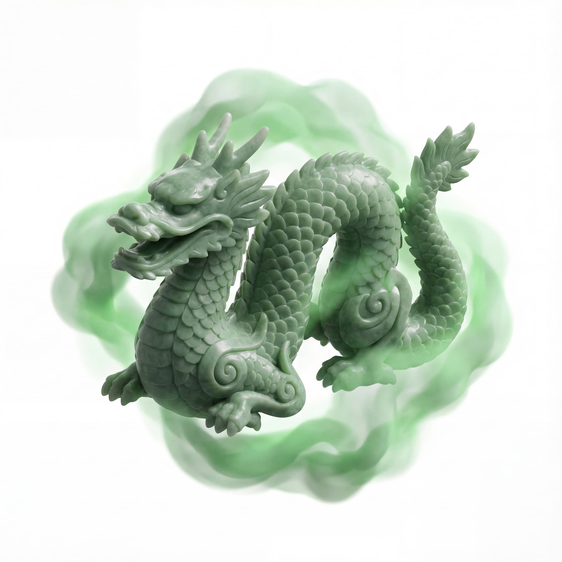 An isometric dragon with jade stone plating and spiral growth patterns wrapped in a gentle green cloud symbolizing renewal.