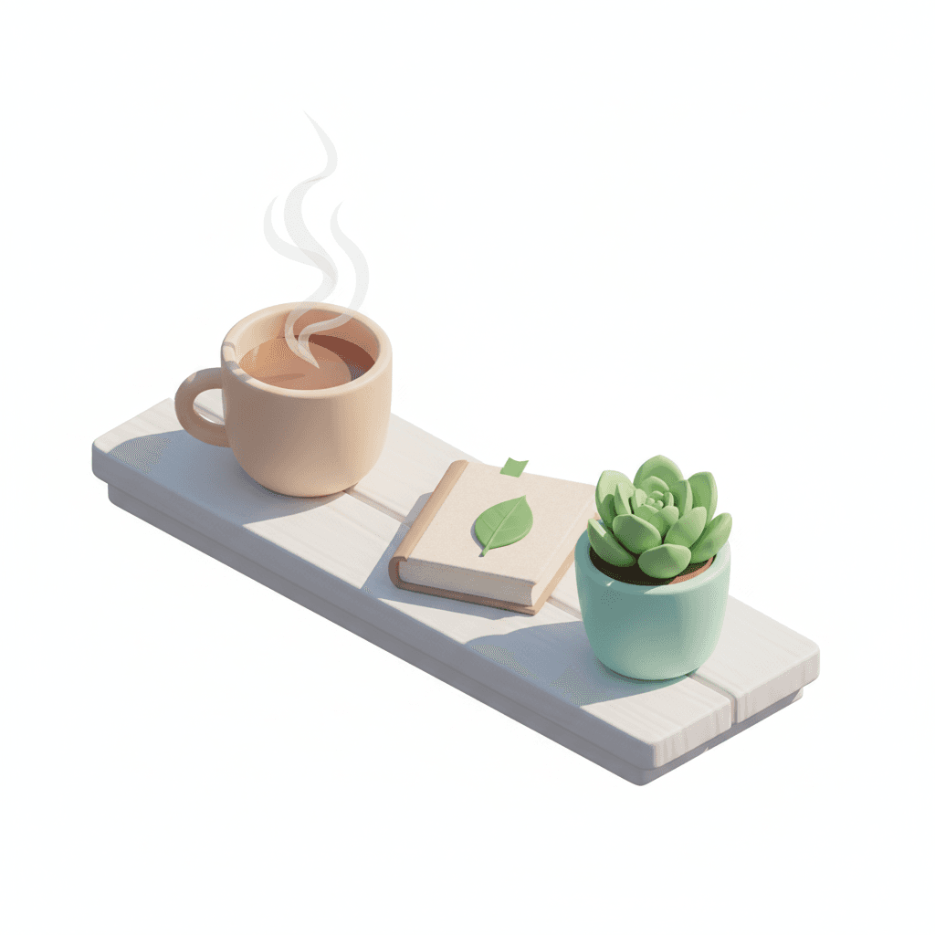 A minimalist 3D illustration of a cozy mindfulness scene on a windowsill — a warm cup of tea with soft steam, a small open book with a leaf bookmark, and a cute green succulent in a pastel pot. Soft natural daylight, warm beige and mint tones, smooth materials, gentle shadows, clean composition, peaceful and calm atmosphere, modern 3D render, soft lighting, no people, minimal background.