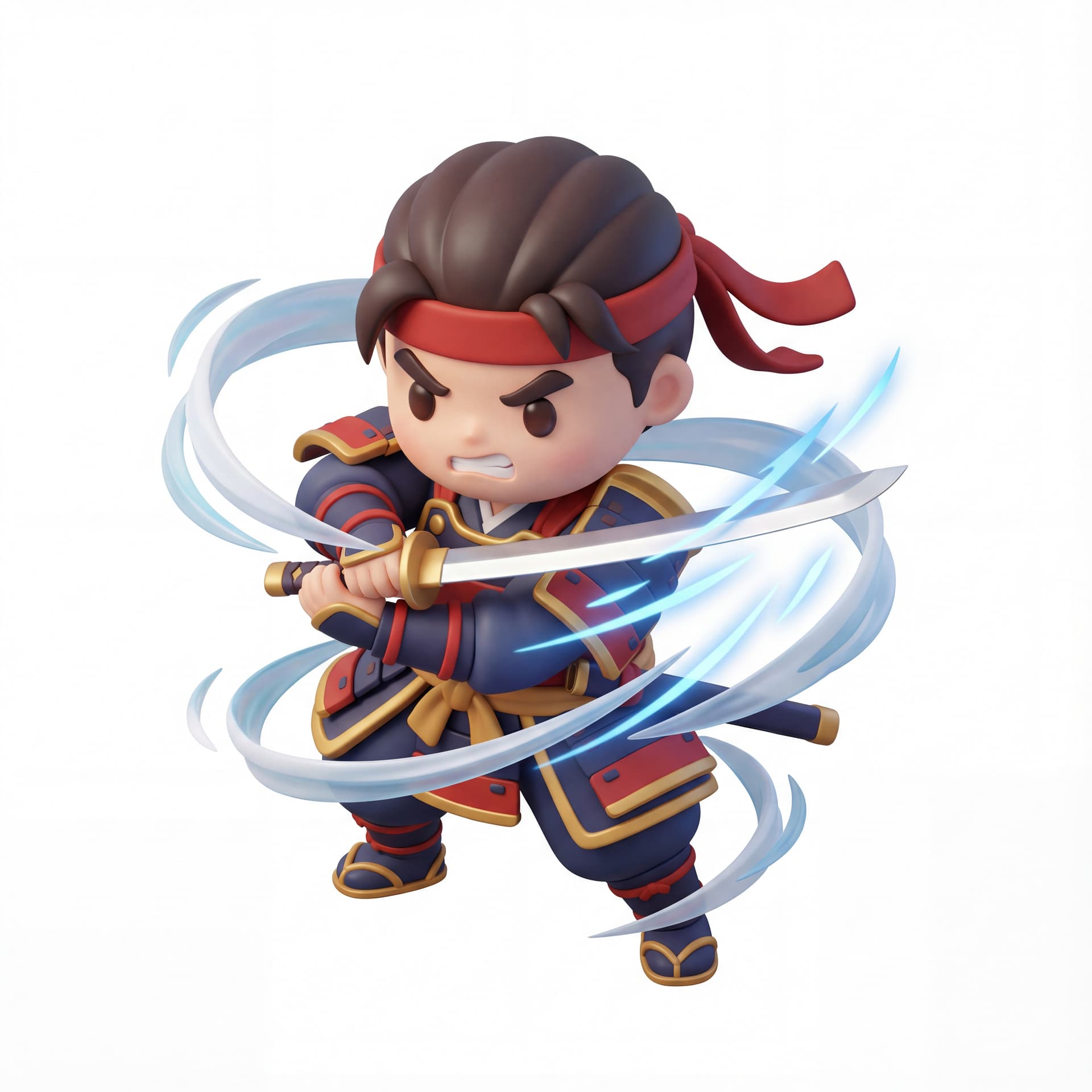 A 3D chibi human samurai holding a katana surrounded by flowing wind ribbons, aura slicing the air around the blade, detailed cloth armor and headband, fierce cute expression, isolated character.