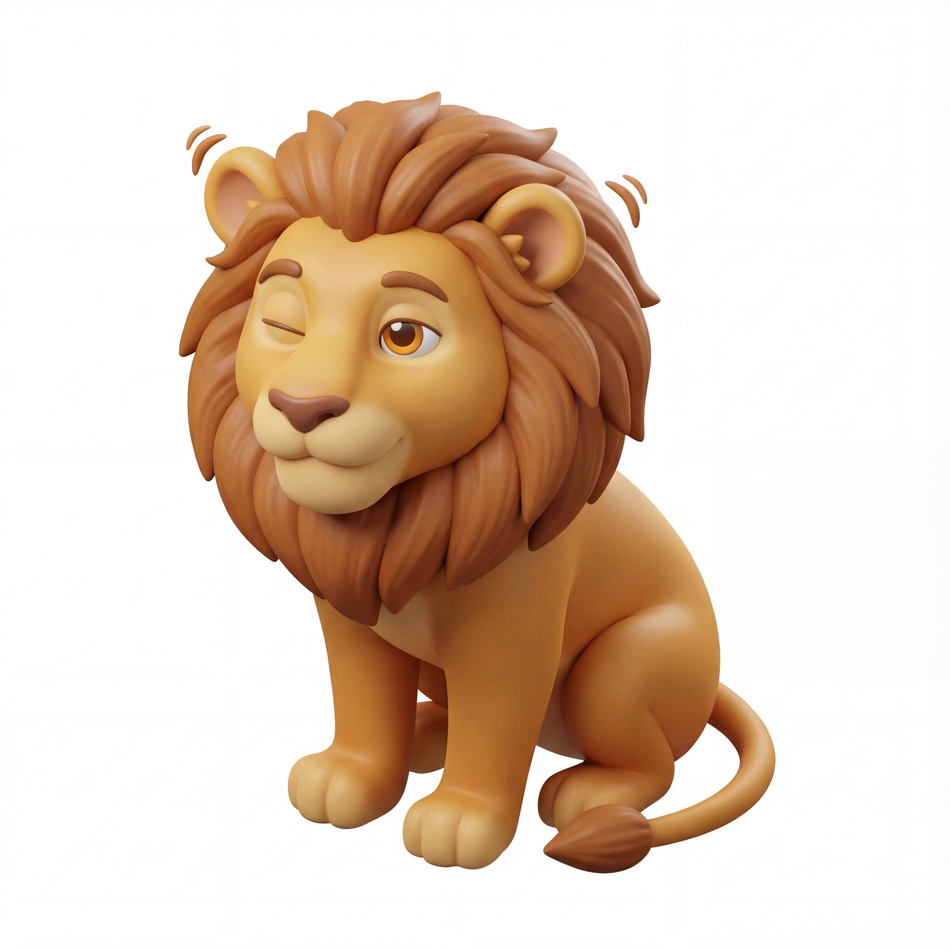 An isometric cute cartoon lion sitting and blinking slowly, ears twitching with a calm and friendly expression.