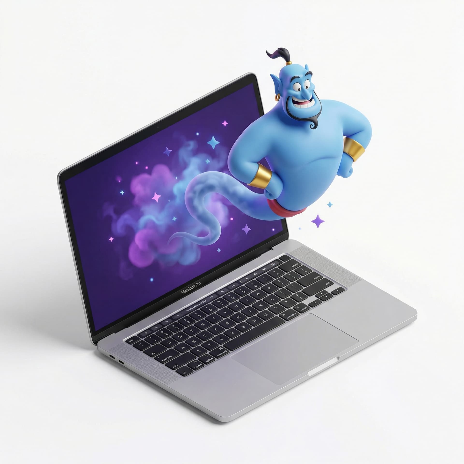 A funny 3D illustration of a Genie floating out of a magic lamp (or a laptop).