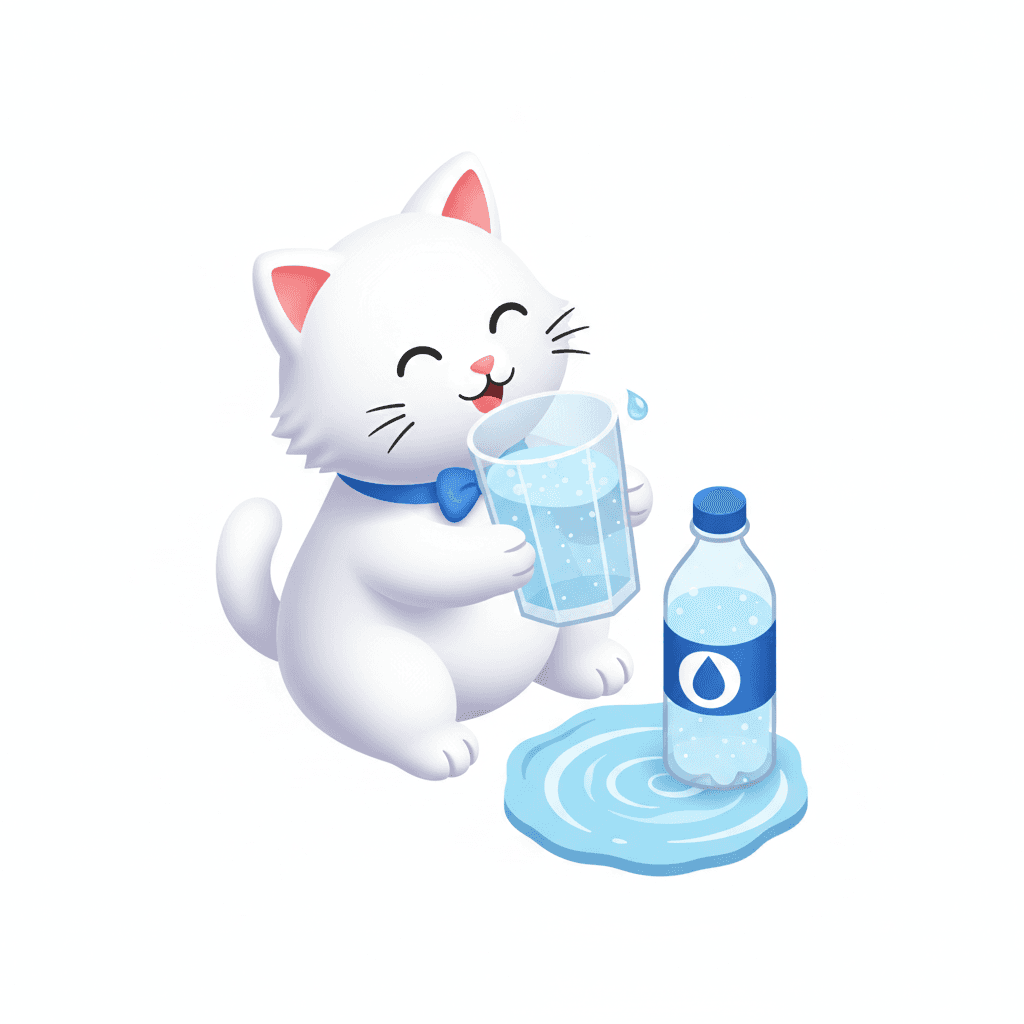 Cute cat drink mineral water with glass