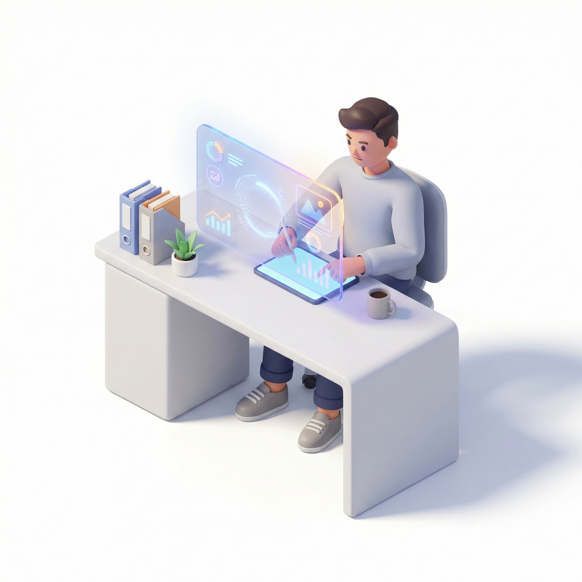 A creative professional confidently using a futuristic AI interface with floating holograms, organized digital workspace, calm lighting, 3D render style, empowered and focused expression

