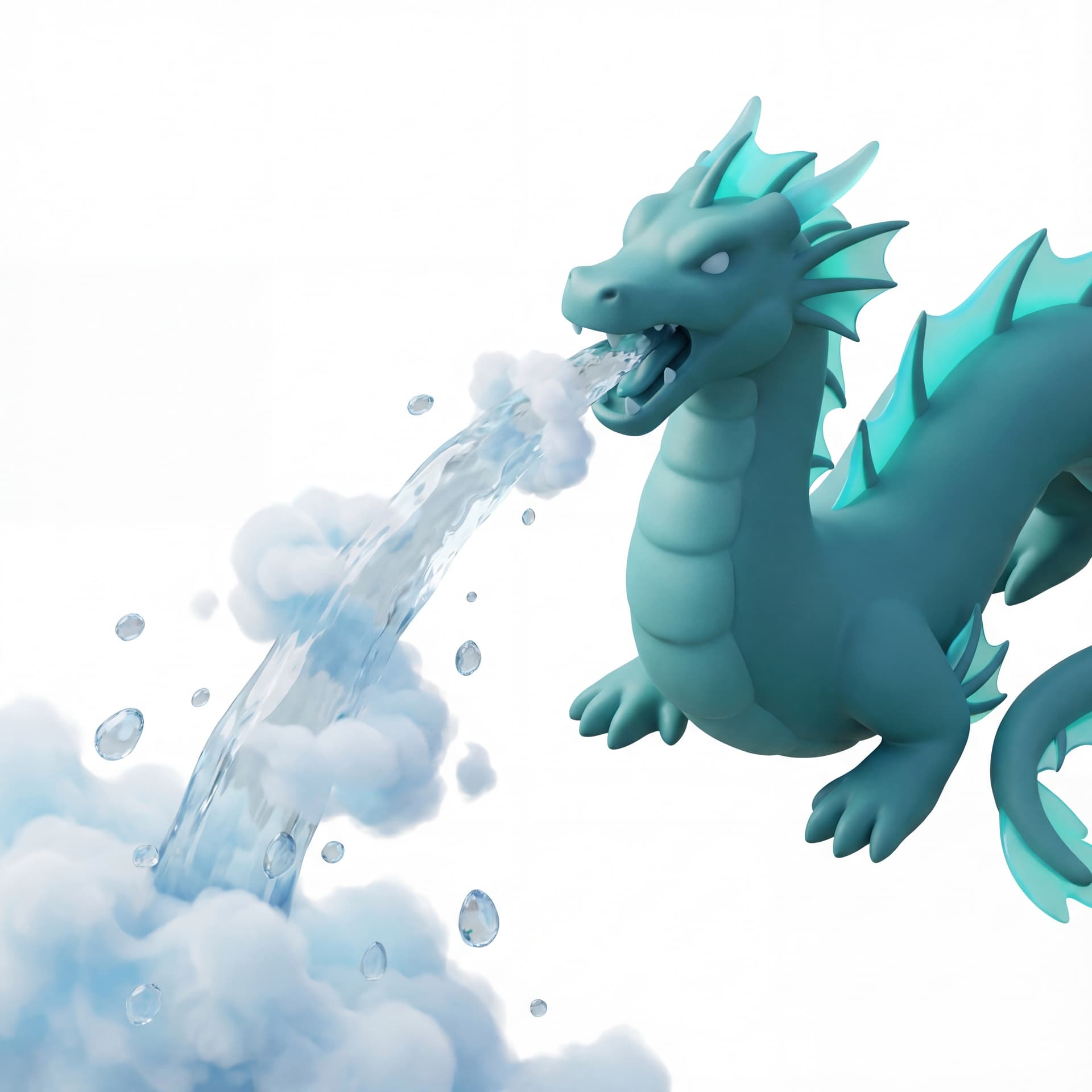 An isometric water dragon with smooth teal scales and translucent fins roaring forward while blasting a pressurized water beam, enveloped by splashing mist clouds and suspended water droplets