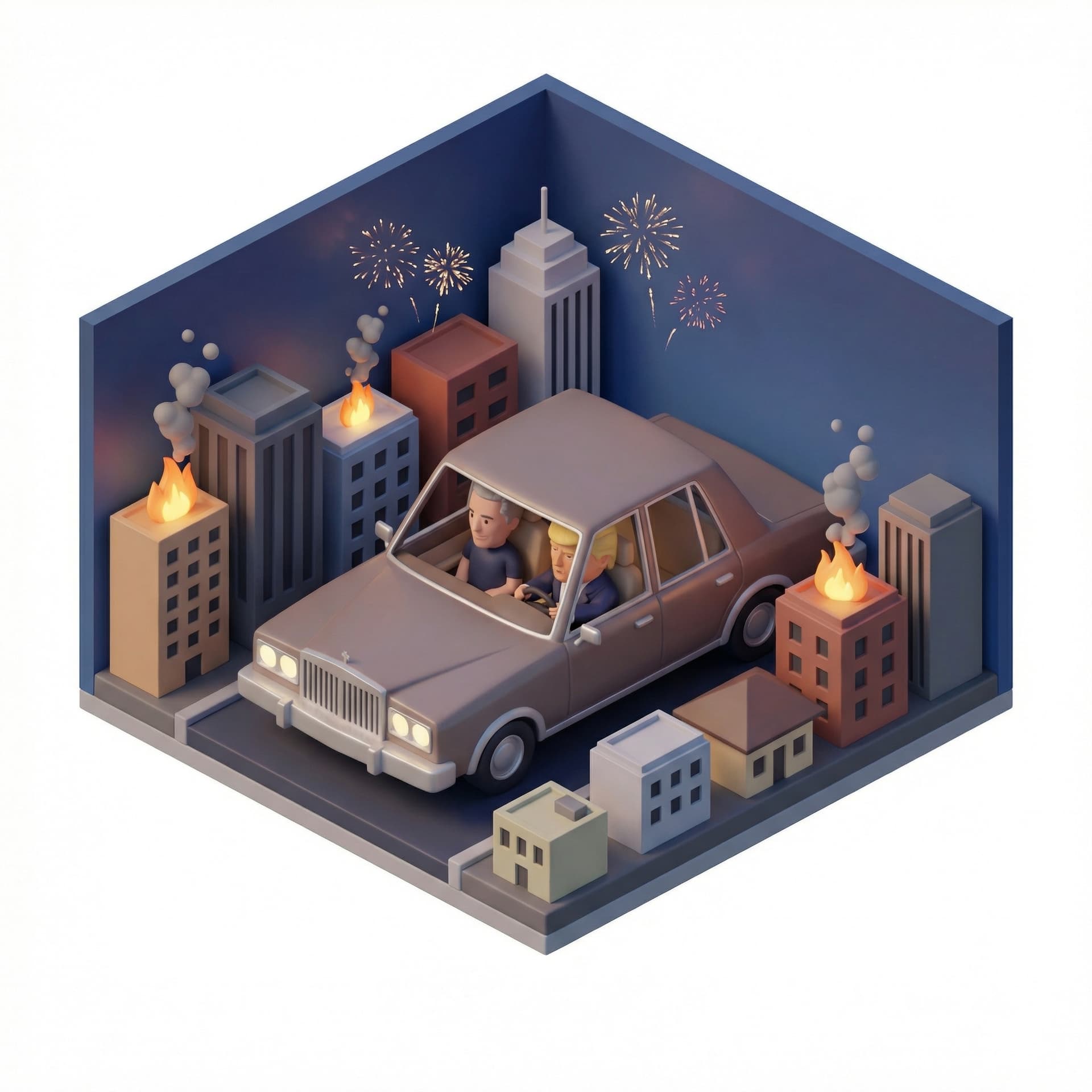 Donald trump and jeffey epstein driving car in city, fire and fireworks