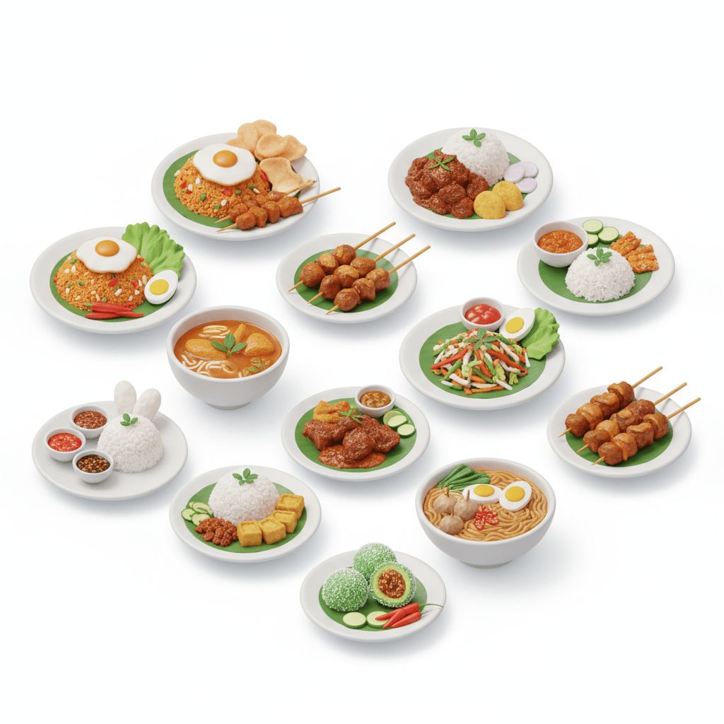 10 set makanan khas indonesia dengan warna yang cerah dan menggugah selera