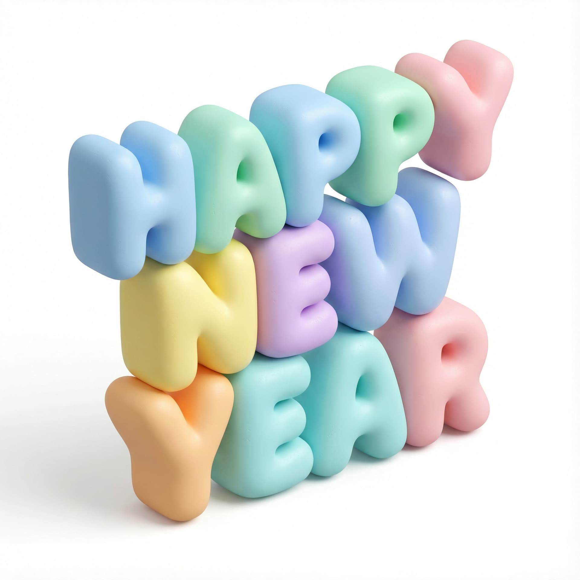 happy new year font, thick rounded bubble typography, soft plastic material, cheerful pastel color scheme