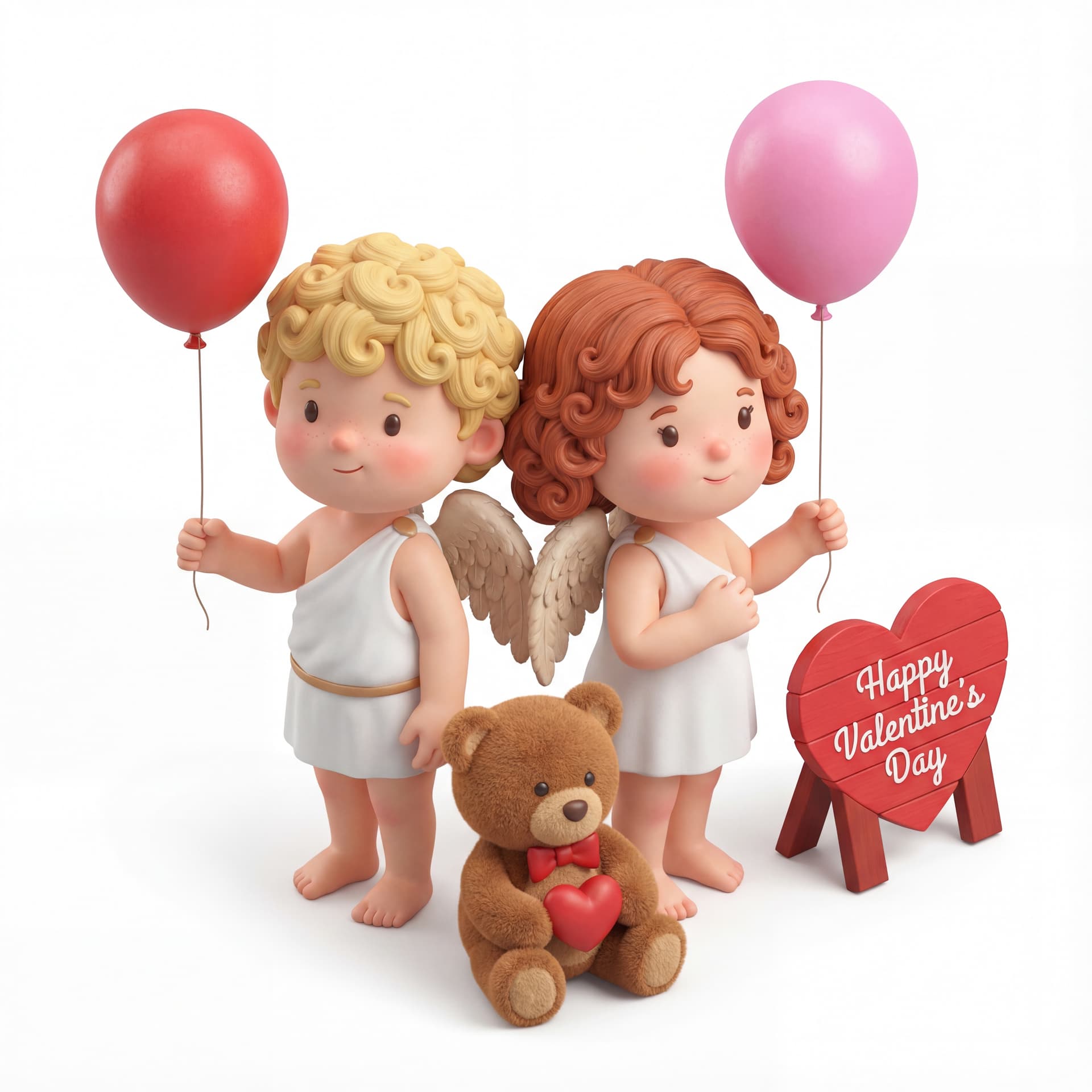 A full-body portrait of a cute couple of Cupid characters standing back to back, each holding a balloon, a teddy bear placed at their feet, with “Happy Valentine’s Day” displayed on a heart-shaped sign beside them, isolated on a white background.